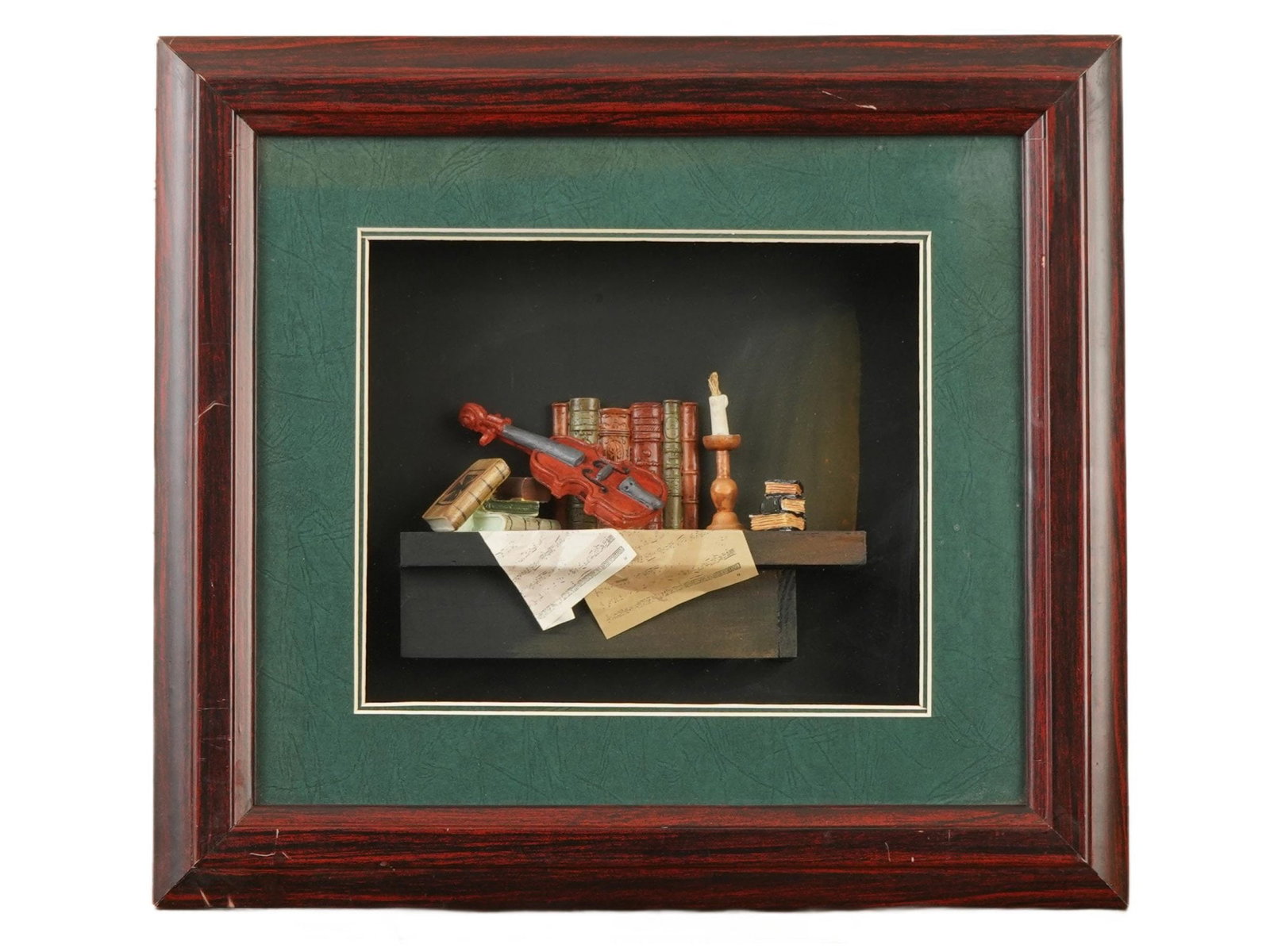 MUSIC VIOLIN STILL LIFE COLOR COLLAGE ARTWORK FRAMED: A vintage color mixed media collage artwork depicting a 3 dimensional still life with books, music sheets, a candle holder, and a violin. Unsigned. Framed. Modernist and Contemporary Artworks, Still