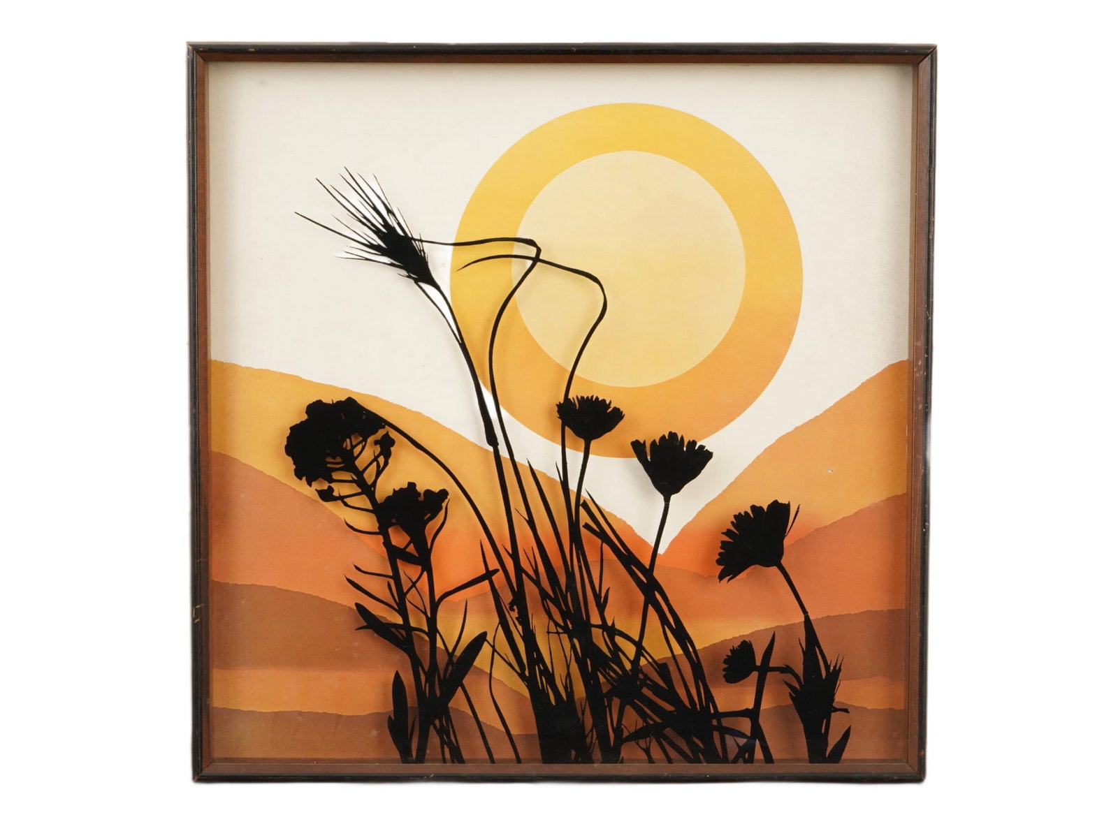 VIRGIL THRASHER AMERICAN LANDSCAPE GLASS ARTWORK: Virgil Thrasher, American, born 1943, artwork on glass with a recessed scenic background. Floral composition against a sunset landscape executed in muted earth colors. Titled Flowers. Unsigned.