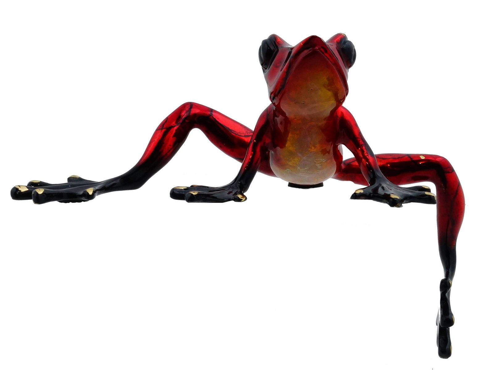 BRONZE FROG SCULPTURE CASANOVA BY BARRY STEIN: A solid bronze frog sculpture titled Casanova by celebrated Oregon wildlife artist Barry Stein. Designed as a playful shelf-sitter, the elongated frog figure is posed with one extended hind leg
