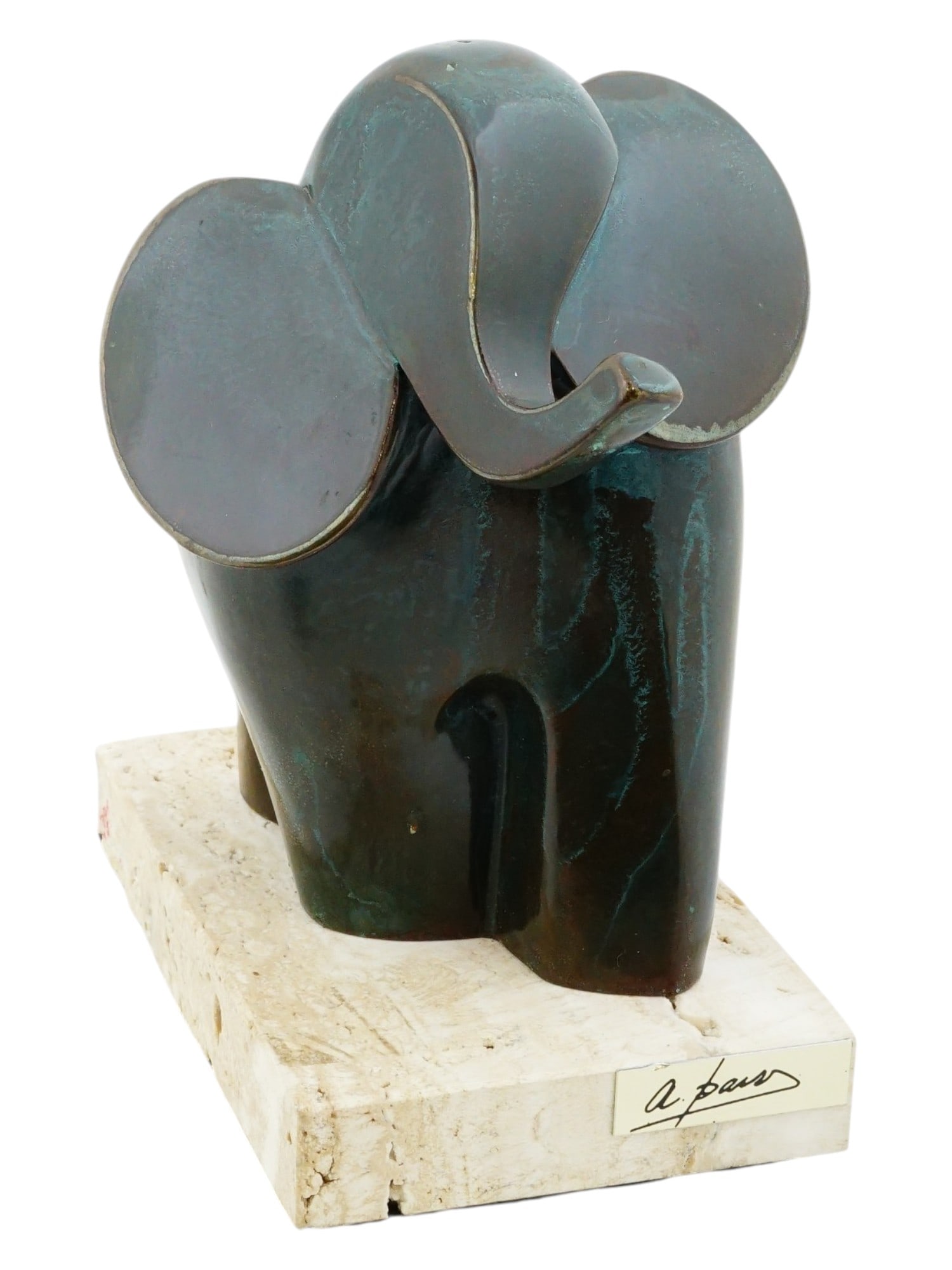 MODERNIST SPANISH BRONZE SCULPTURE BY CHRISTINA PUELL: A modernist patinated bronze sculpture by Christina Puell, a Spanish sculptor. The sculpture depicts a stylized elephant characterized by rounded forms and an upturned trunk. Signed with casting