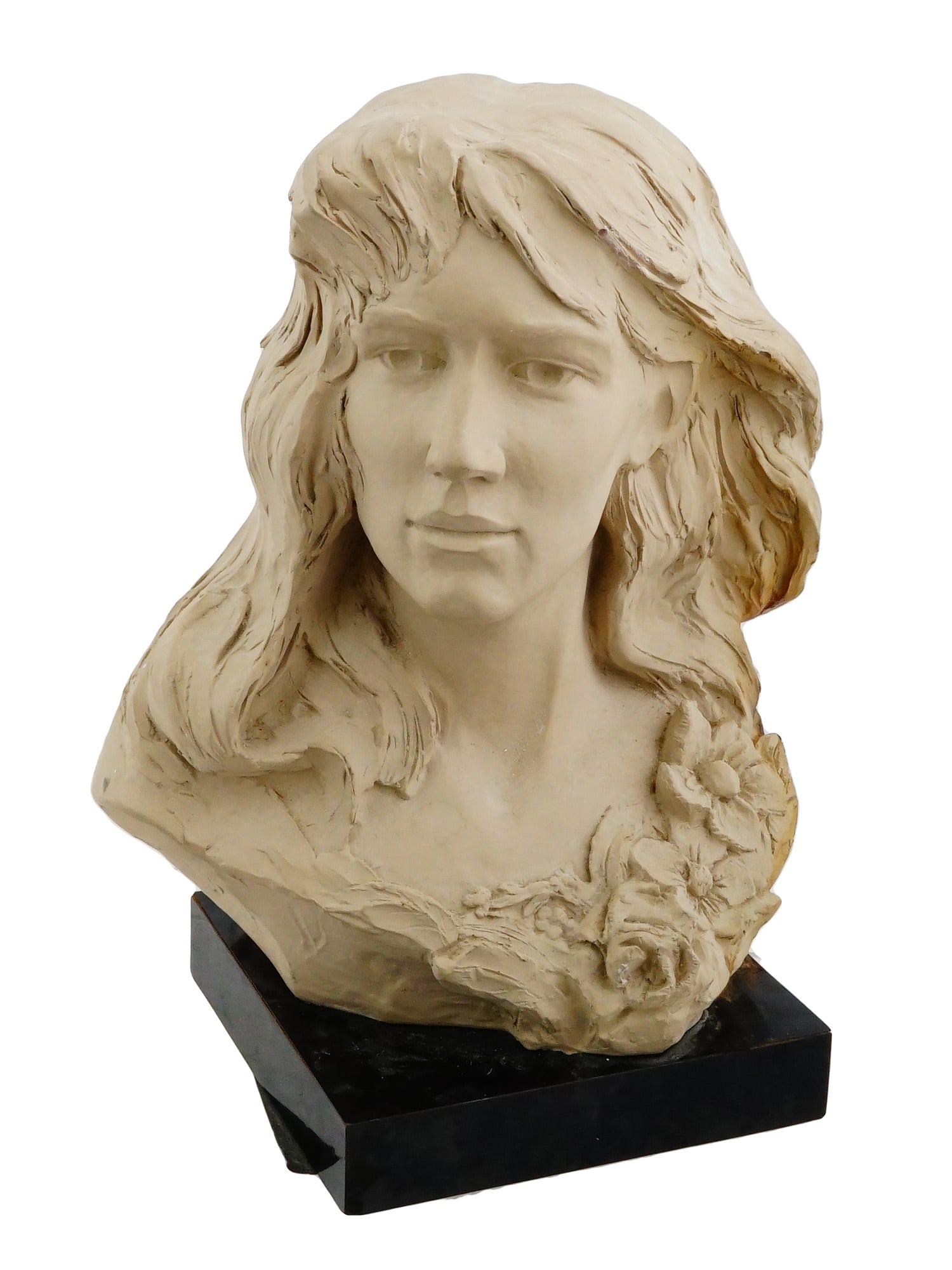 VINTAGE AUSTIN PROD SCULPTURE YOUNG GIRL WITH FLOWERS: A vintage durastone sculpture titled La Fleur, or Young Girl with Flowers, produced by Austin Productions, circa the 1980s. Executed in the romantic Art Nouveau revival style. The sculpture portrays