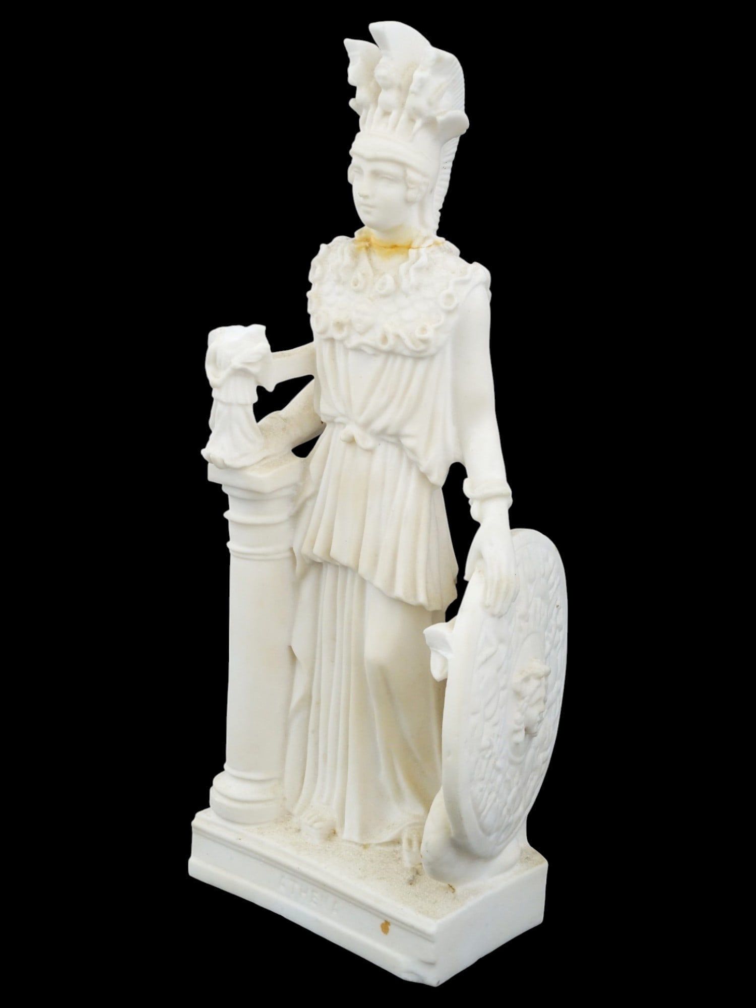 ITALIAN ATHENA VARVAKEION COPY FIGURINE BY RUGGERI: A vintage Italian Athena Varvakeion figurine, a decorative copy of the lost chryselephantine statue of Athena Parthenos by Phidias. Signed Ruggeri on the back side. Gino Ruggeri is Italian sculptor,
