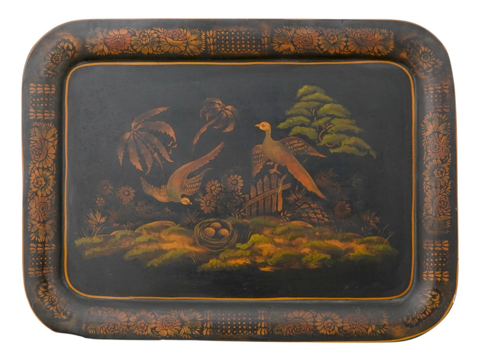 VINTAGE AMERICAN HAND PAINTED PEACOCK TOLE TRAY SIGNED (1 of 6)