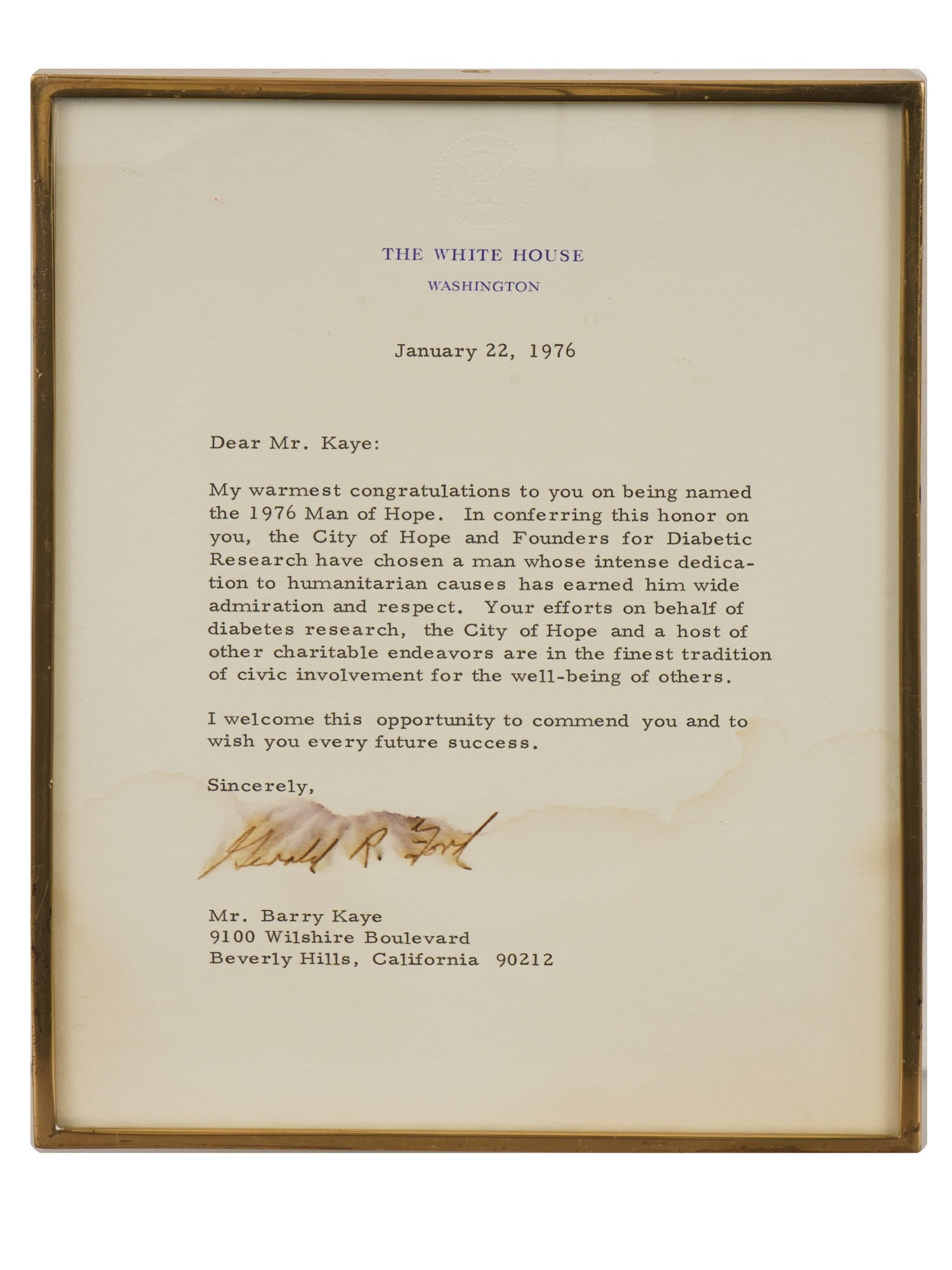 1976 TYPED LETTER SIGNED BY PRESIDENT GERALD FORD: Typewritten letter by Gerald Ford, 1913 to 2006, the 38th president of the United States, serving from 1974 to 1977. One page, in English. Office of the White House, Washington paper. Dated January