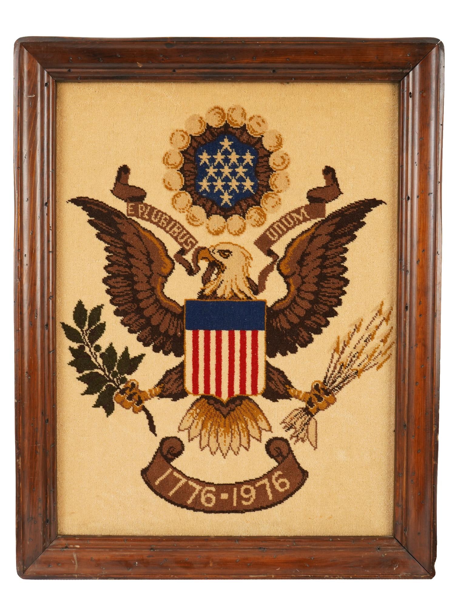 AMERICAN TAPESTRY GREAT SEAL OF THE UNITED STATES: A vintage American tapestry embroidered on canvas featuring the Great Seal of the United States. At the bottom is a ribbon with the dates 1776 to 1976, indicating that the piece was created for the