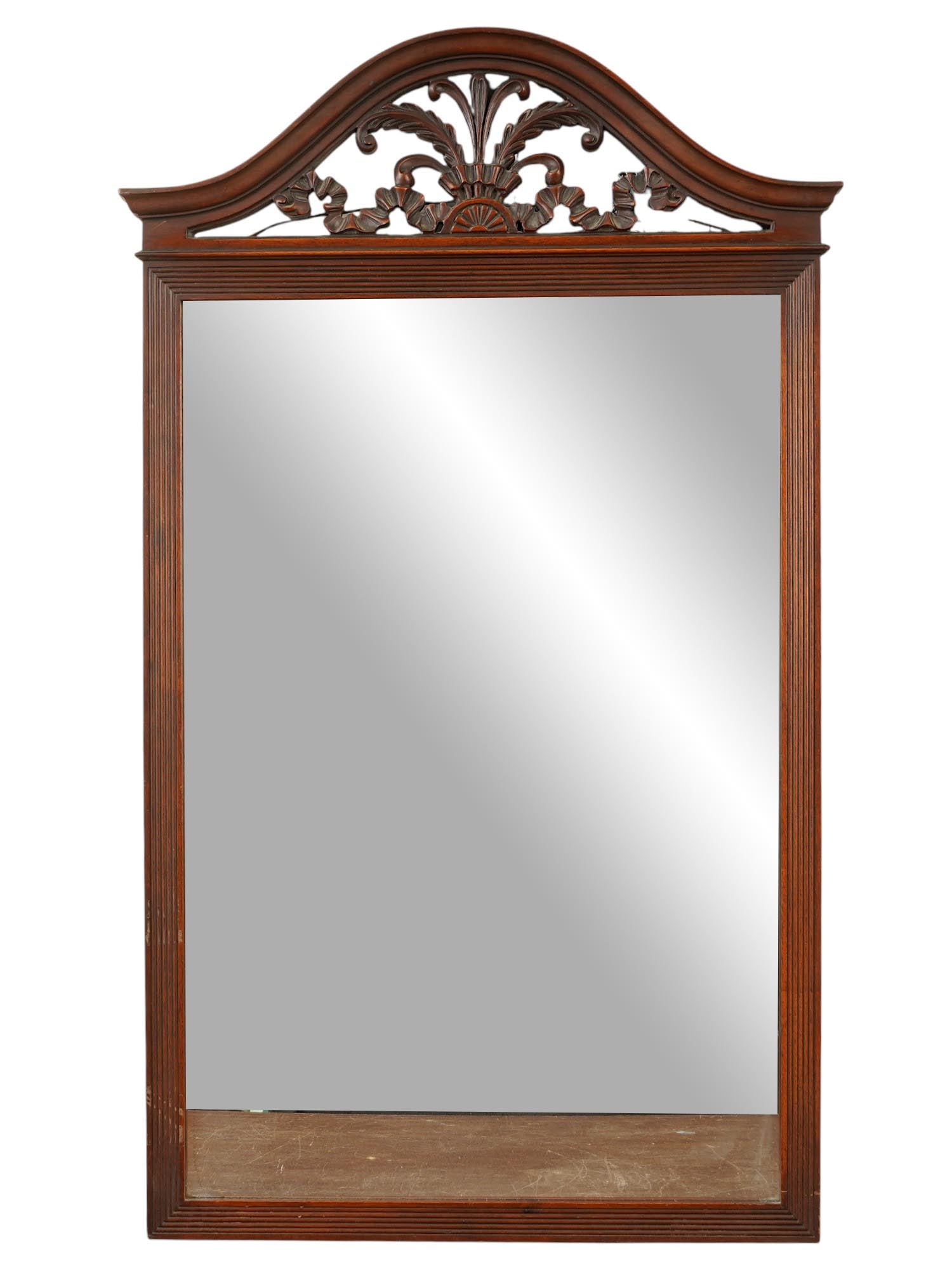 CHIPPENDALE STYLE ARCHED SOLID WOOD WALL MIRROR: A Chippendale style wall mirror made of solid wood with a beveled mirror surface. This is a classic mirror inspired by 18th century design. The upper part is decorated with a carved arched pediment wi