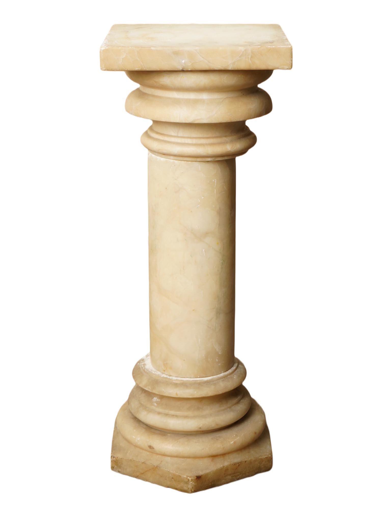 ANTIQUE CLASSICAL COLUMN WHITE MARBLE PEDESTAL: An antique white marble pedestal. A square top can be separated. The marble pedestal for sculpture is shaped like a classical column and is raised on a hexagonal slab of the same material. Antique and