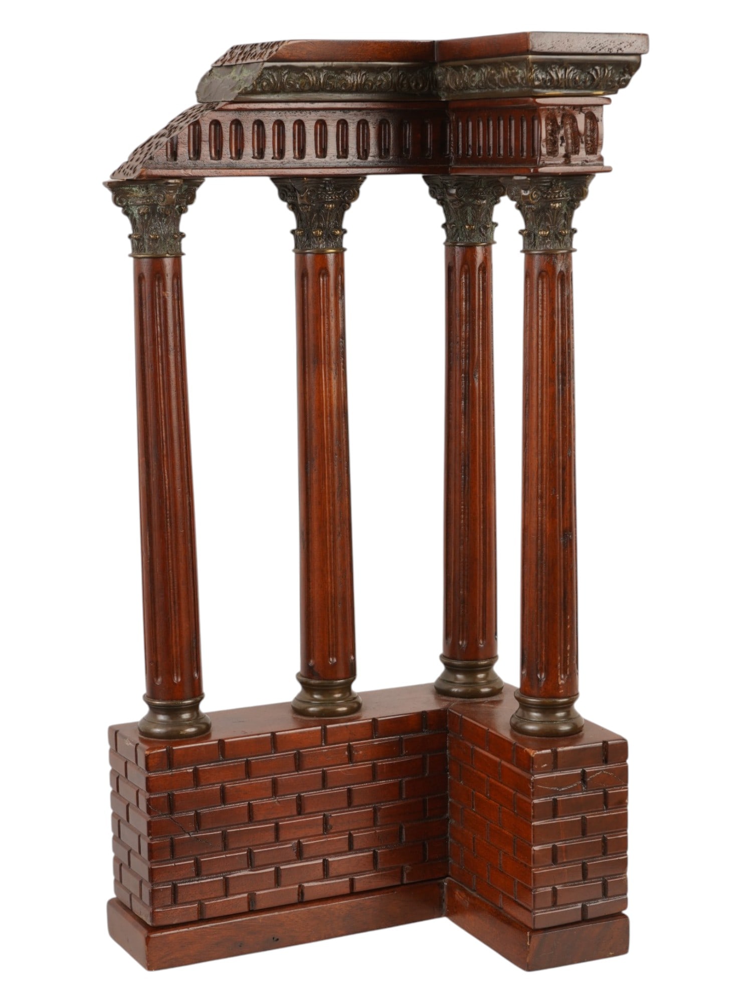 ANTIQUE GRAND TOUR WOODEN ROMAN TEMPLE FRAGMENT: An antique Neoclassical model of Roman ruins from the Grand Tour era, recreating a corner fragment of the Temple of Castor and Pollux Dioscuri in the Roman Forum. Four fluted columns rest on a podium