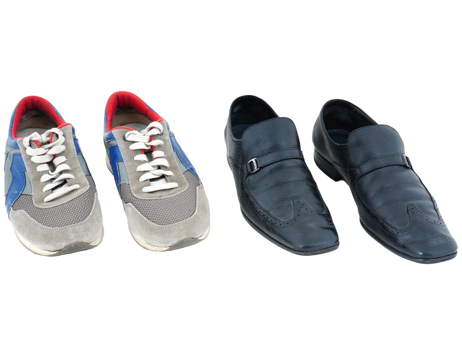 SALVATORE FERRAGAMO MENS SNEAKERS AND LEATHER LOAFERS: A Salvatore Ferragamo mens sneakers and loafers. The lot includes a pair of suede and textile sneakers in grey, blue and red, as well as black leather loafers. Both pairs are marked. Salvatore