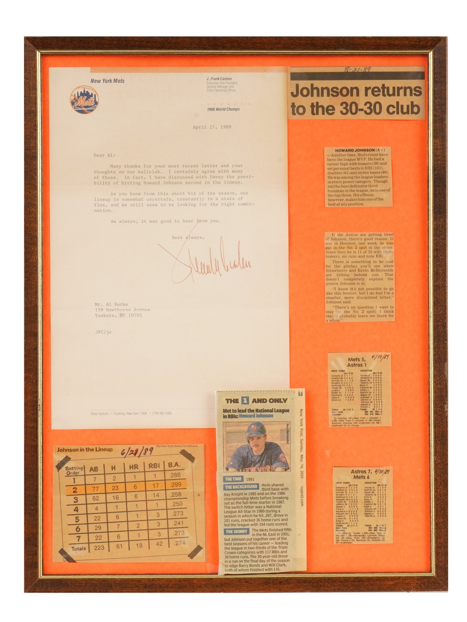 HOWARD JOHNSON BASEBALL COMMEMORATIVE HONORS: A framed commemorative collection honors former New York Mets third baseman and outfielder Howard Johnson, specifically celebrating his historic achievements during the late 1980s and early 1990s.