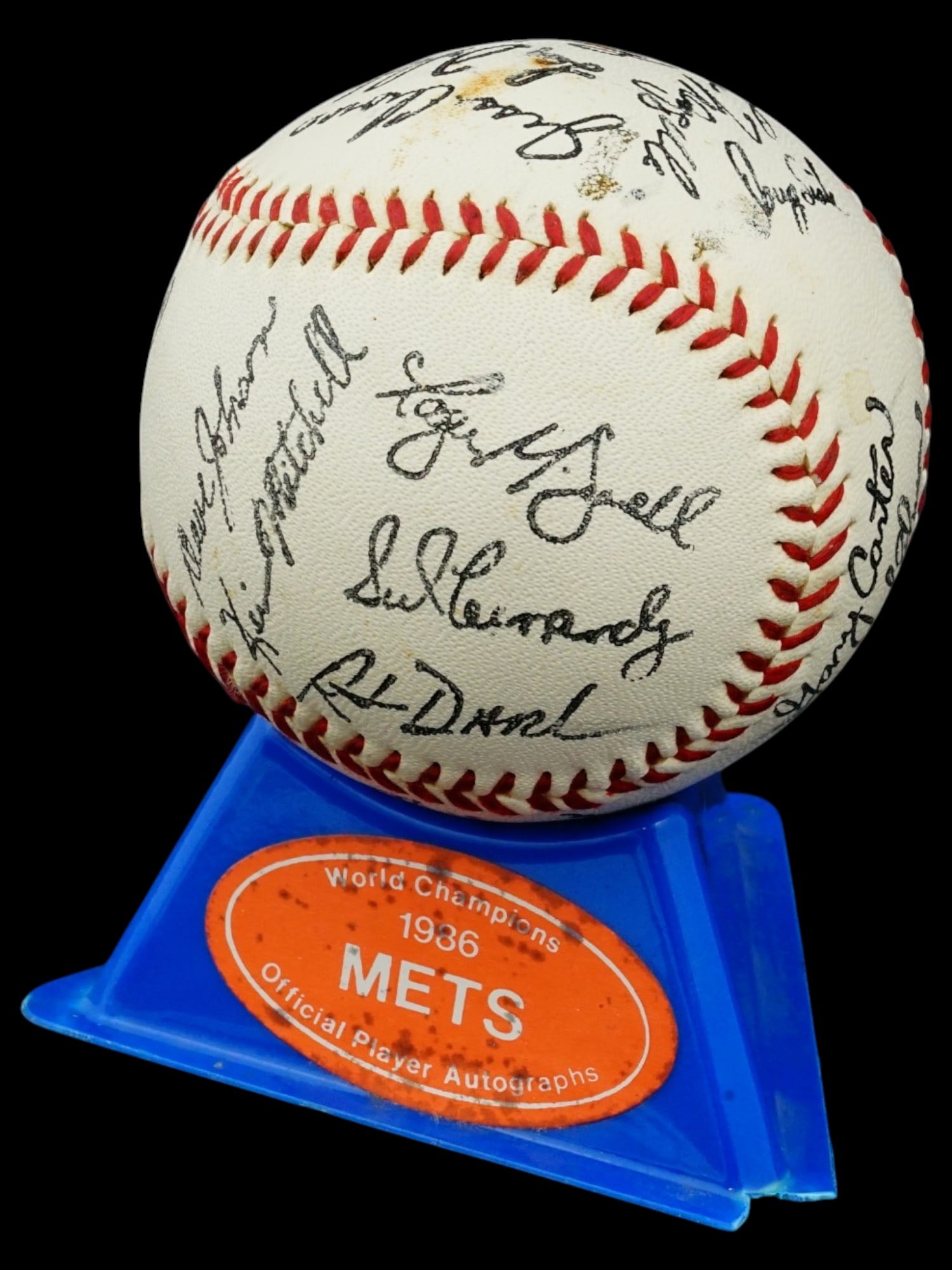 VTG AMERICAN BASEBALL AUTOGRAPHED BY METS PLAYERS: A vintage American baseball autographed by players. The baseball comes with a stand marked 1986 World Champions, Mets, Official Player Autographs. Americana, Sports Collectibles, History of Baseball,