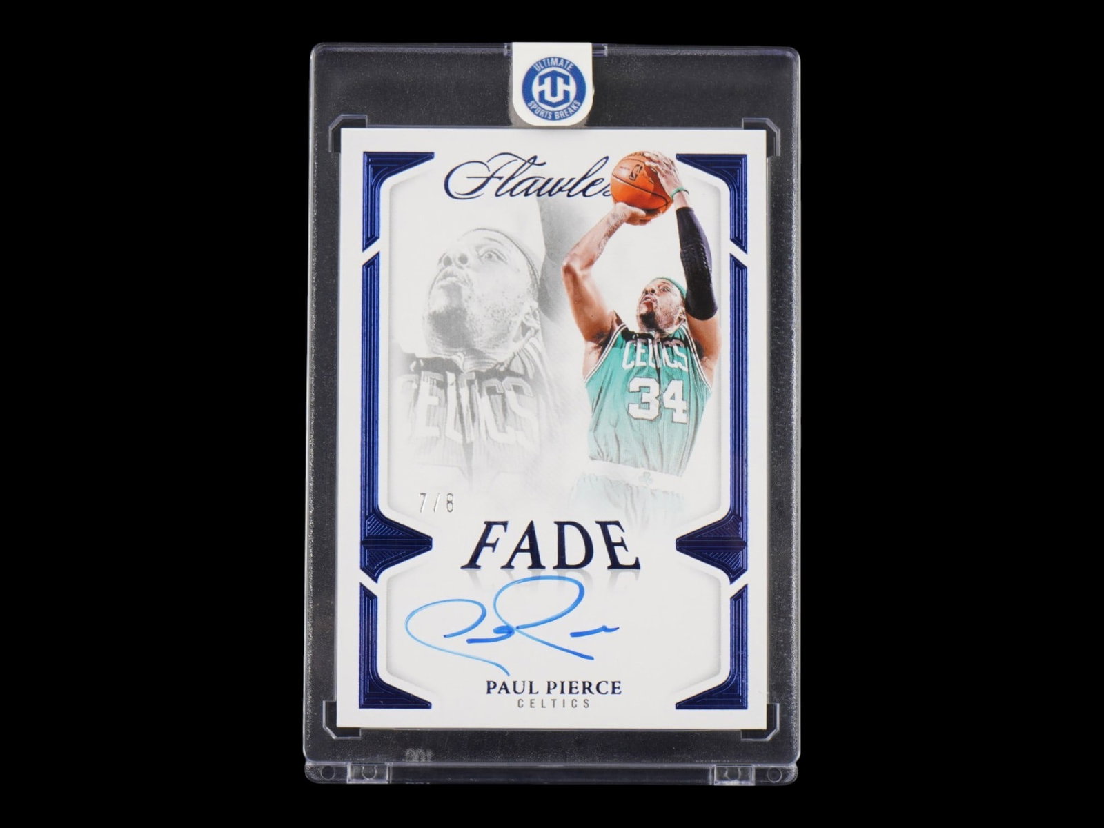 2024-25 PAUL PIERCE FLAWLESS FADE SIGNATURES SAPPHIRE /8: This elegant 2024-25 Panini Flawless card features the on-card signature of Boston Celtics legend and Hall of Fame forward Paul Pierce, presented in the sophisticated Blue parallel. Strictly limited