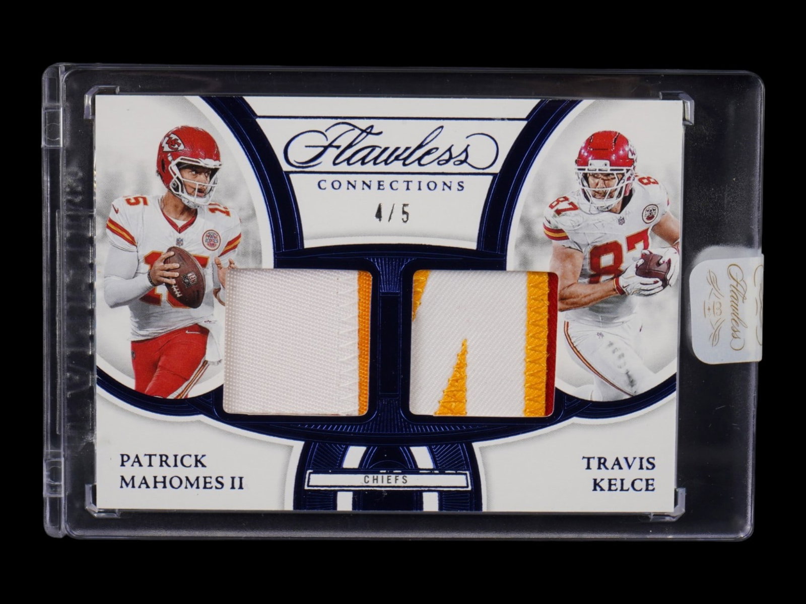 FLAWLESS MAHOMES & KELCE CONNECTIONS DUAL PATCH SAPPHIRE /5: This magnificent artifact from the 2025 Panini Flawless "Connections" series celebrates the most prolific postseason duo in NFL history, Patrick Mahomes II and Travis Kelce. Strictly limited to only
