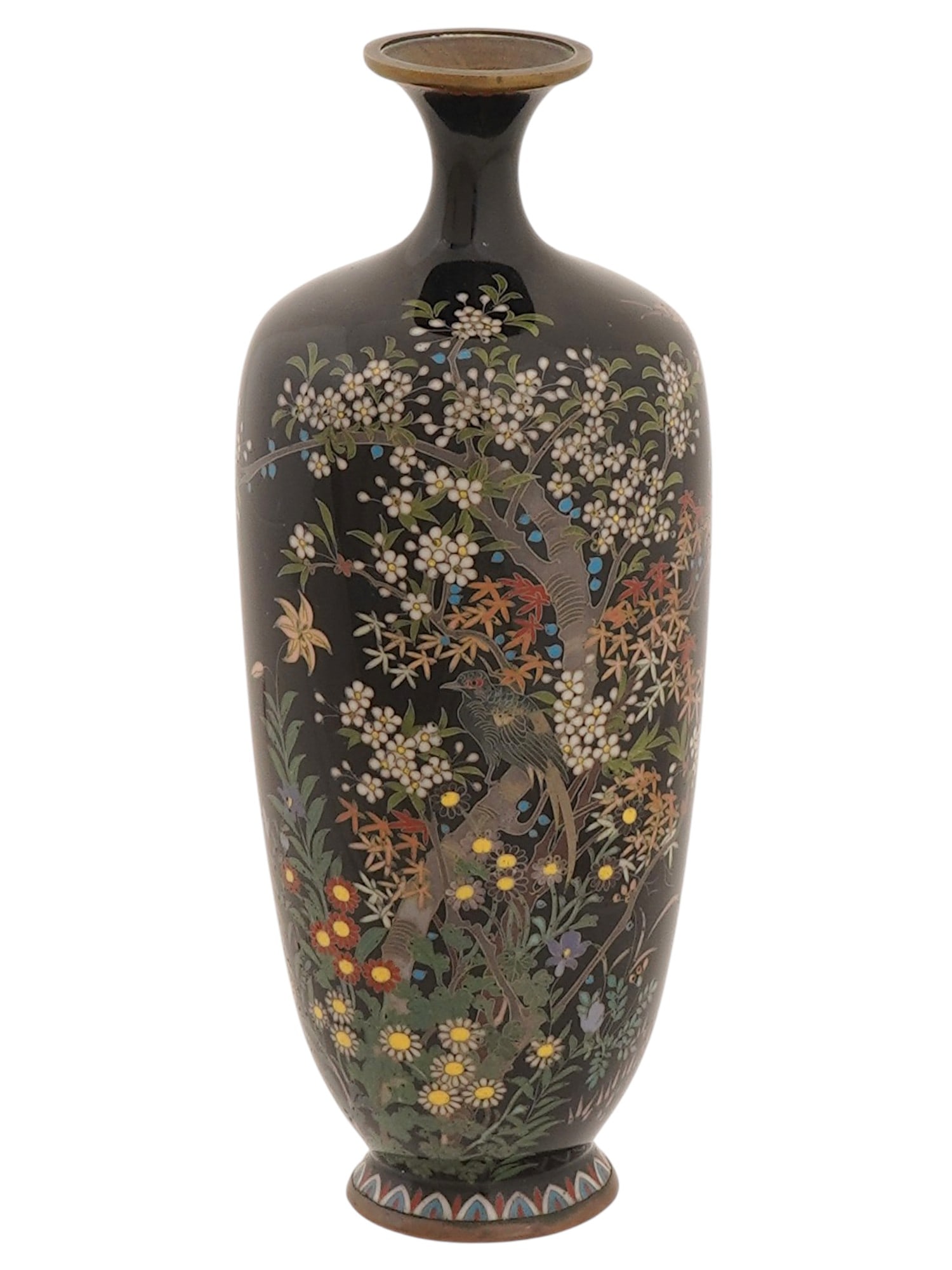 JAPANESE BIRD FLOWERS DESIGN CLOISONNE ENAMEL VASE: A Japanese enamel vase. The vase has an amphora shaped body and a narrow fluted neck. The ware is enameled with a polychrome design representing a bird seated on a sakura tree and surrounded by blosso