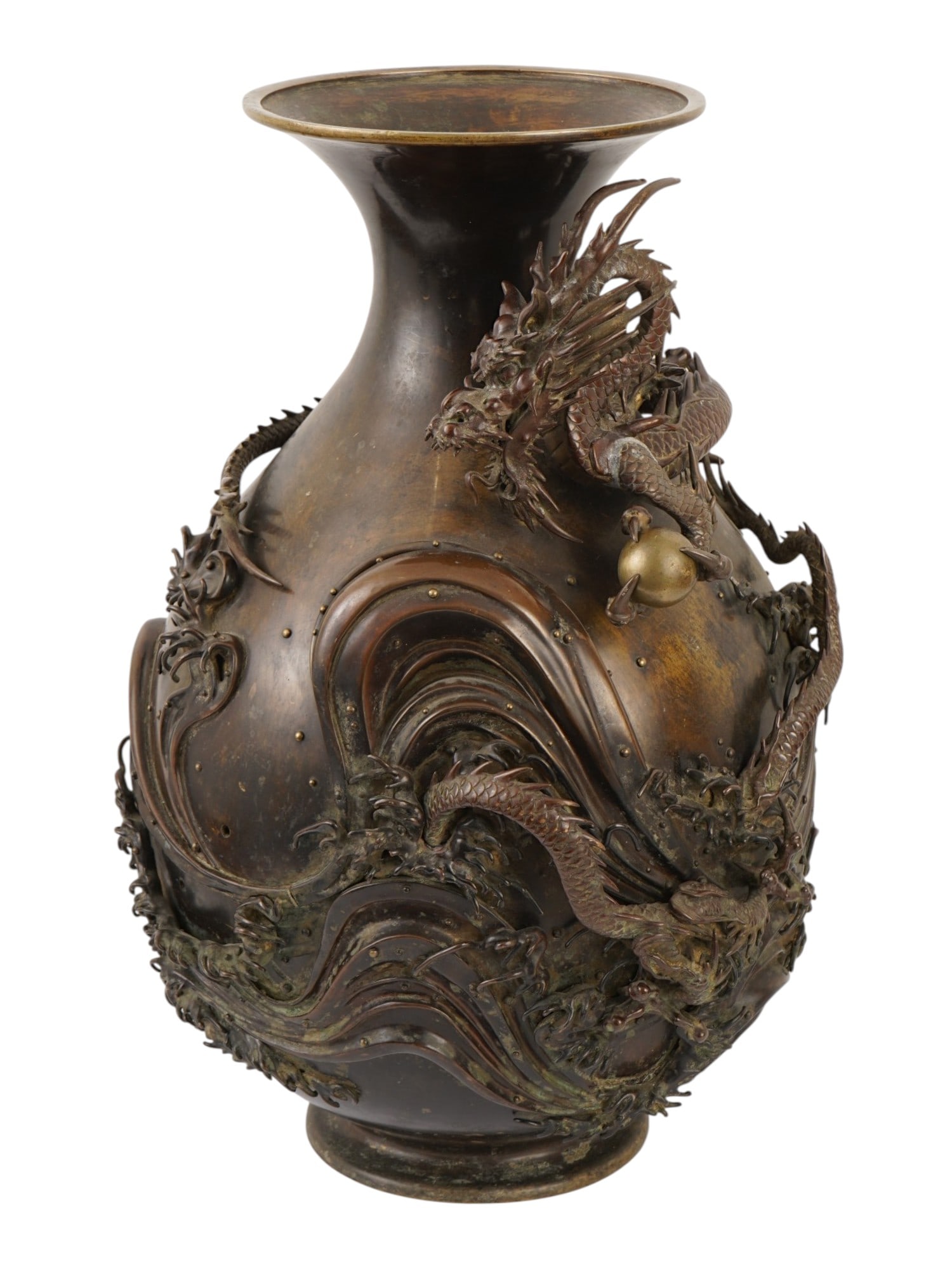 ANTIQUE JAPANESE MEIJI BRONZE VASE W REMOVABLE DRAGON: An antique Japanese Meiji era cast bronze vase features a classic baluster form with a flared rim and a circular footed base, distinguished by a separate, highly detailed dragon figurine comin out of 