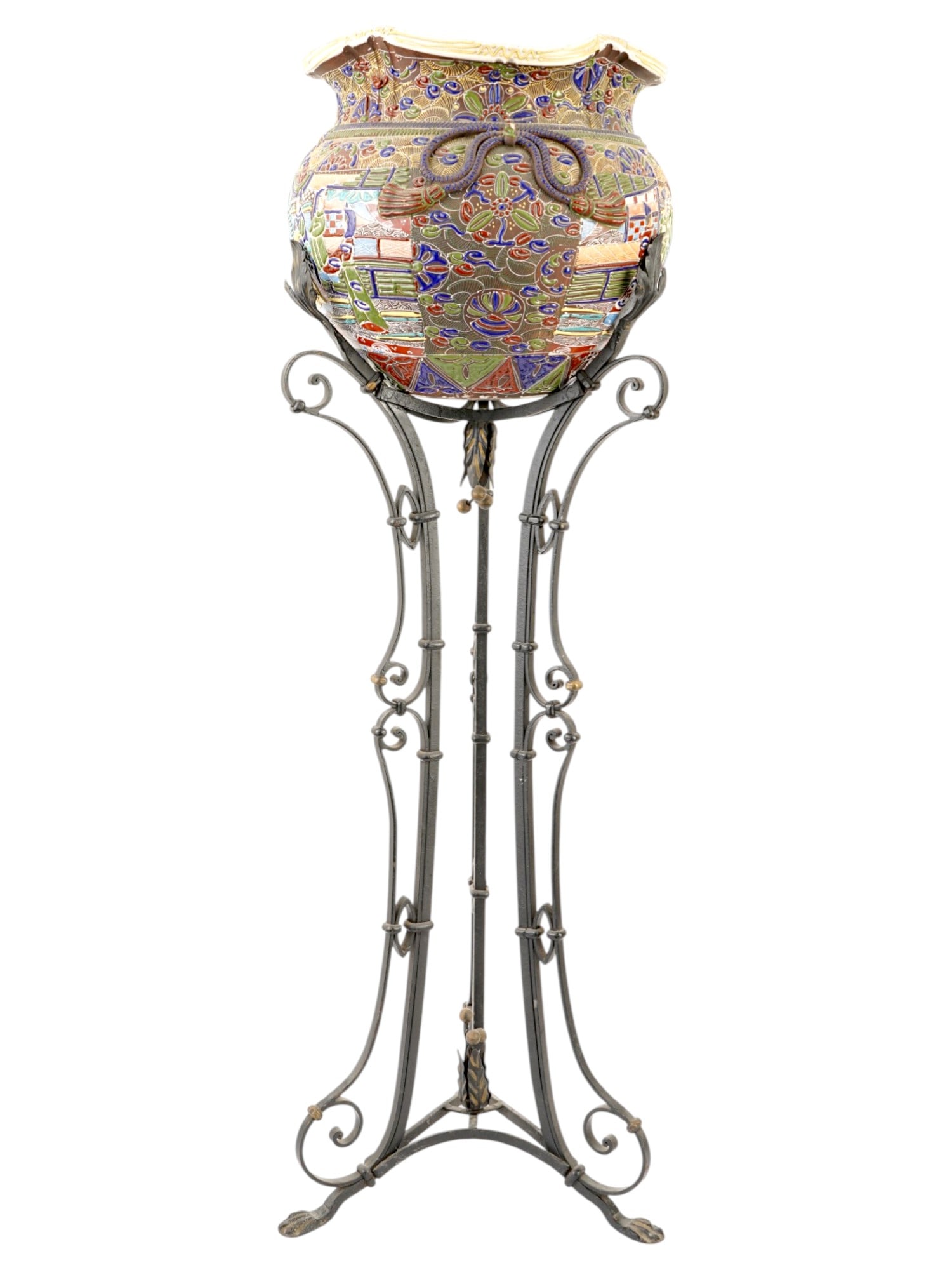 LARGE CHINESE PAINTED CERAMIC VASE W CAST IRON STAND: A large Chinese globular shaped ceramic plant bowl or vase. The ware features elaborate polychrome enamel decoration depicting traditional courtyard scenes set within decorative borders. The neck and 