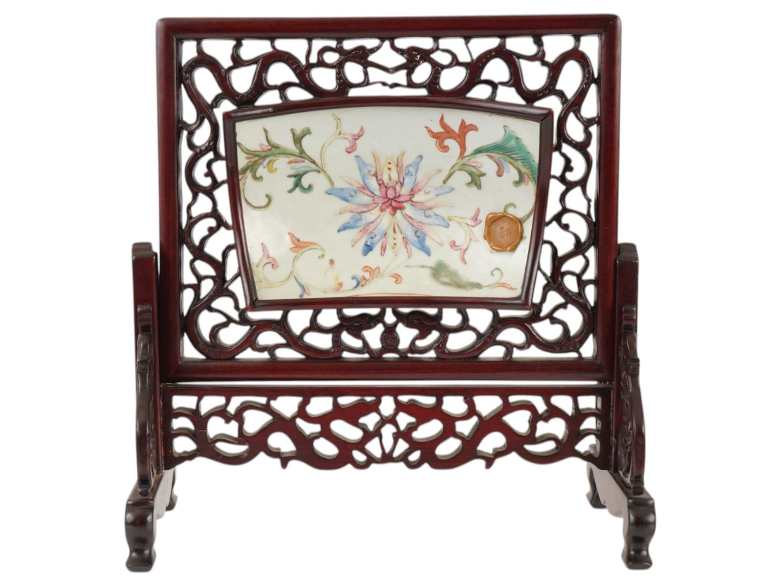 ANTIQUE CHINESE TABLE SCREEN WITH A PORCELAIN PLAQUE (1 of 9)