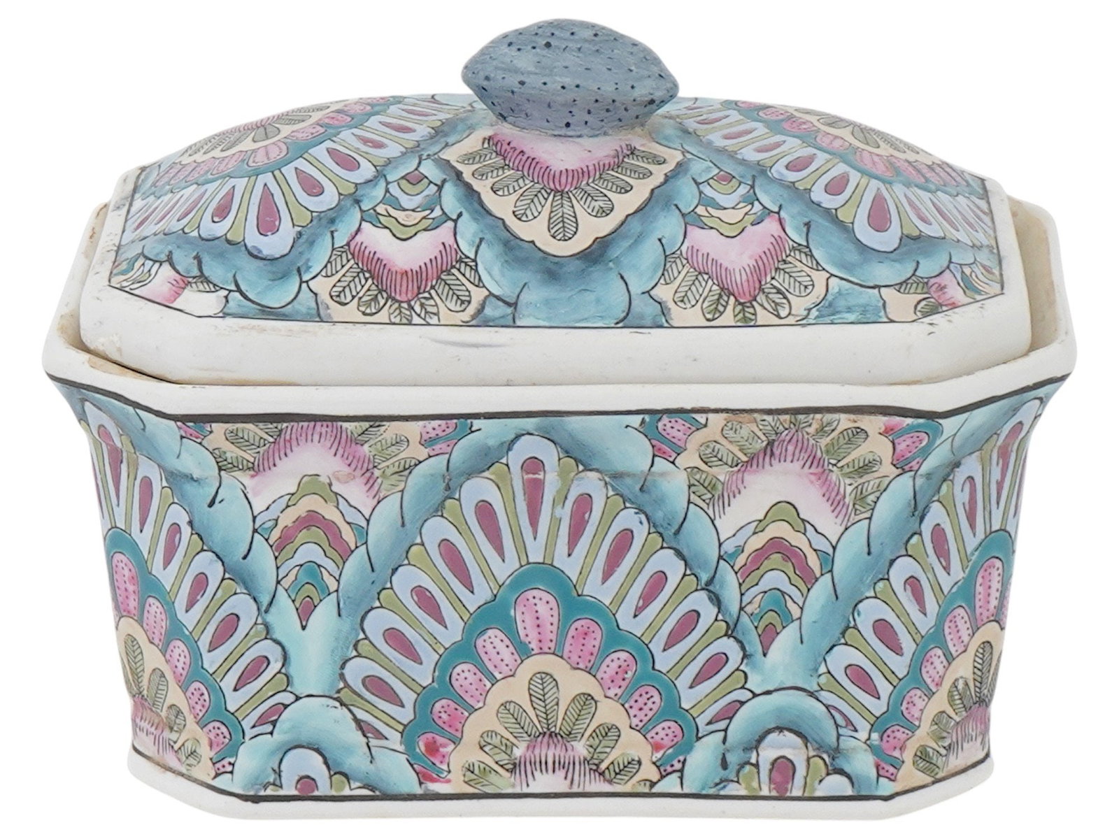 VINTAGE CHINESE HAND PAINTED PORCELAIN BOX W LID: A vintage Chinese porcelain box with a lid. The box has a unique shape with angular sides. The porcelain is decorated with a hand painted pattern of stylized floral and geometric designs in shades of 