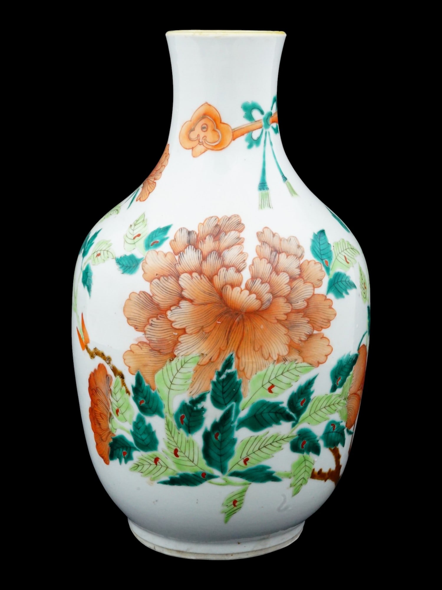 ANTIQUE CHINESE QING FAMILLE VERTE PORCELAIN VASE: An antique Chinese white porcelain vase. Late Qing era, before 1912. Rouleau shape. Famille vert peony flowers decoration. There is a seal mark on the bottom, drilled with a hole for a lamp cable.