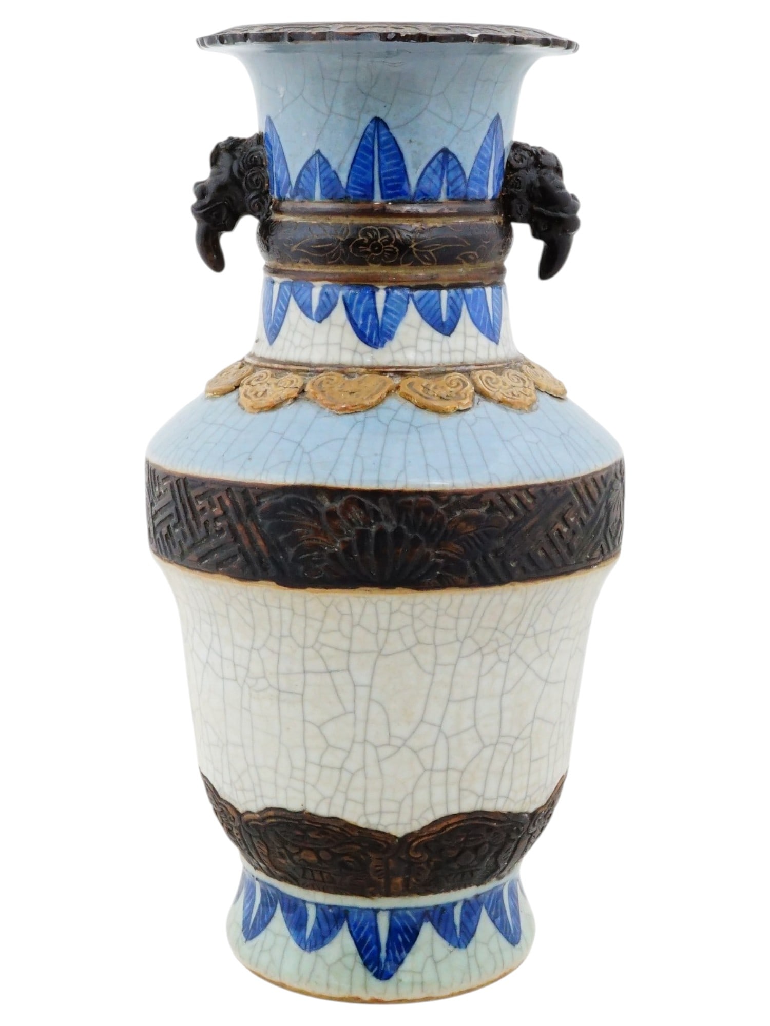 ANTIQUE CHINESE QING CRACKLEWARE PORCELAIN VASE: An antique Chinese porcelain vase. Late Qing era, before 1912. White and blue crackle glaze surface with moulded bas-relief bands and hand-painted cobalt blue leaves. Mascarons flank the neck. There i