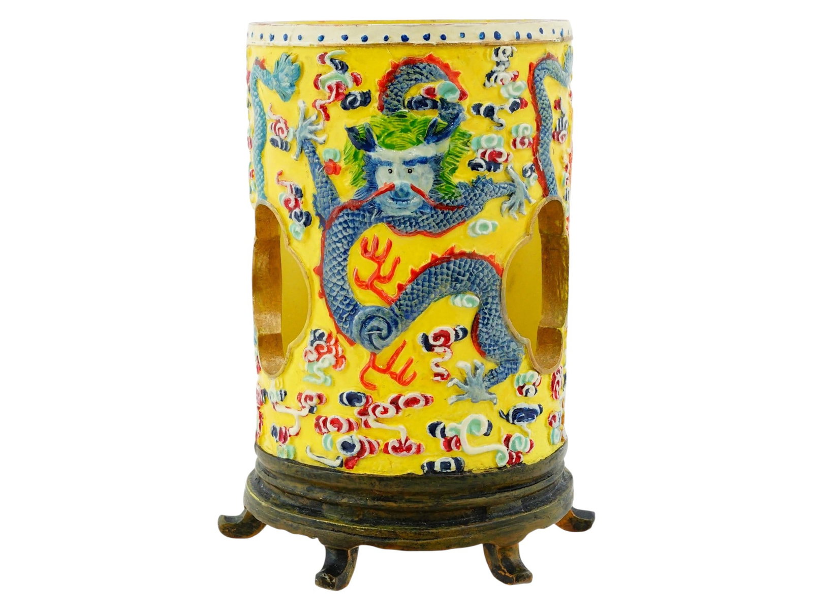 VINTAGE CHINESE YELLOW CERAMIC STAND WITH DRAGON MOTIF (1 of 8)