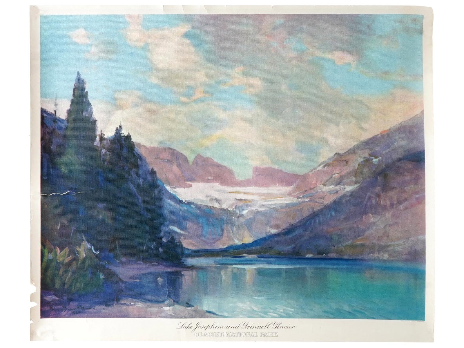 VINTAGE AMERICAN POSTER LAKE JOSEPHINE GRINNELL GLACIER: A vintage American poster featuring Lake Josephine and Grinnell Glacier at Glacier National Park, created after the original painting. The artwork captures the glacier-fed lake, towering peaks, and lu