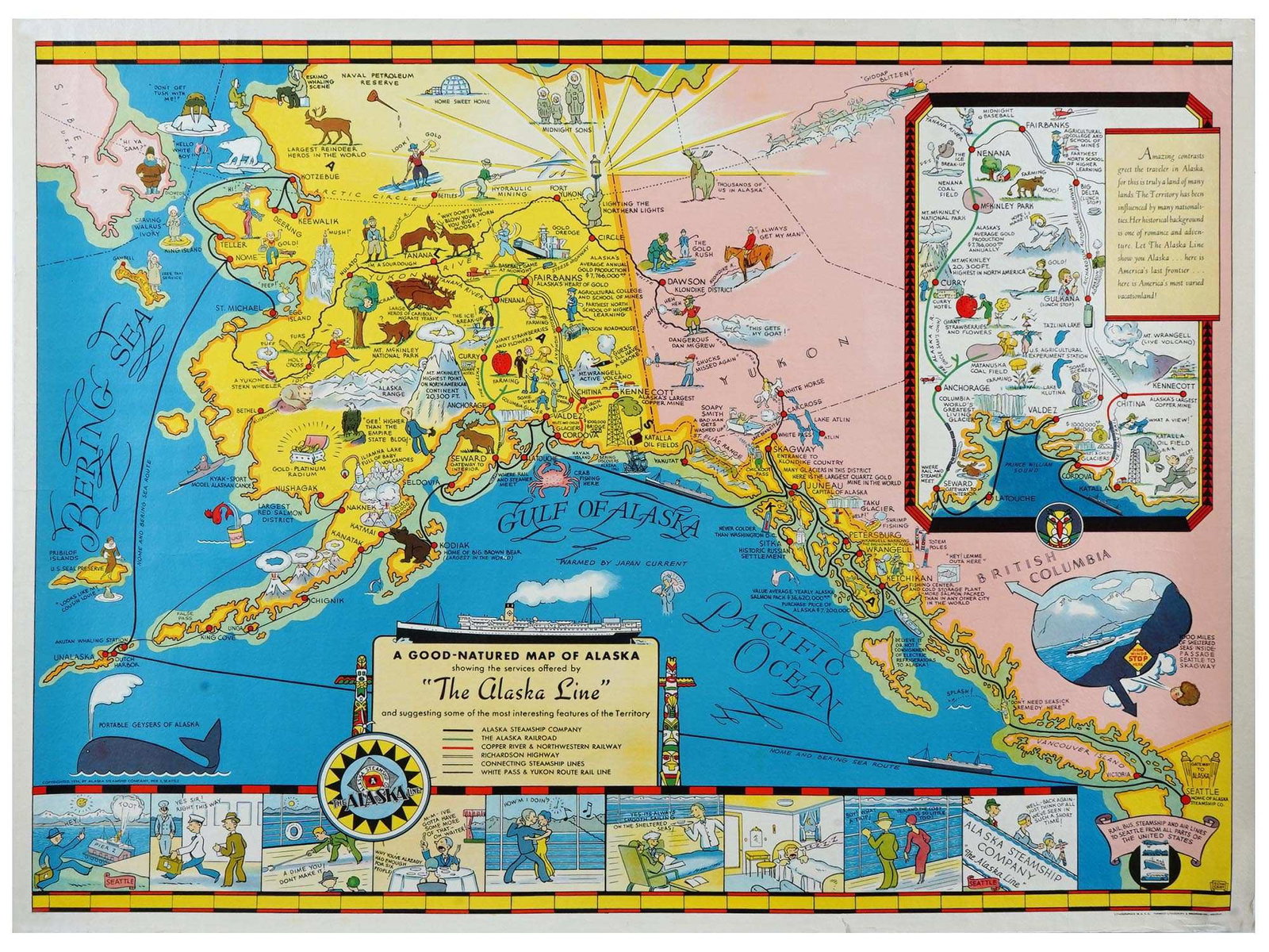 VINTAGE AMERICAN POSTER A GOOD NATURED MAP OF ALASKA: A vintage American poster titled A Good-Natured Map of Alaska. The poster showcases the services offered by The Alaska Line and highlights some of the most interesting features of the territory. Publi
