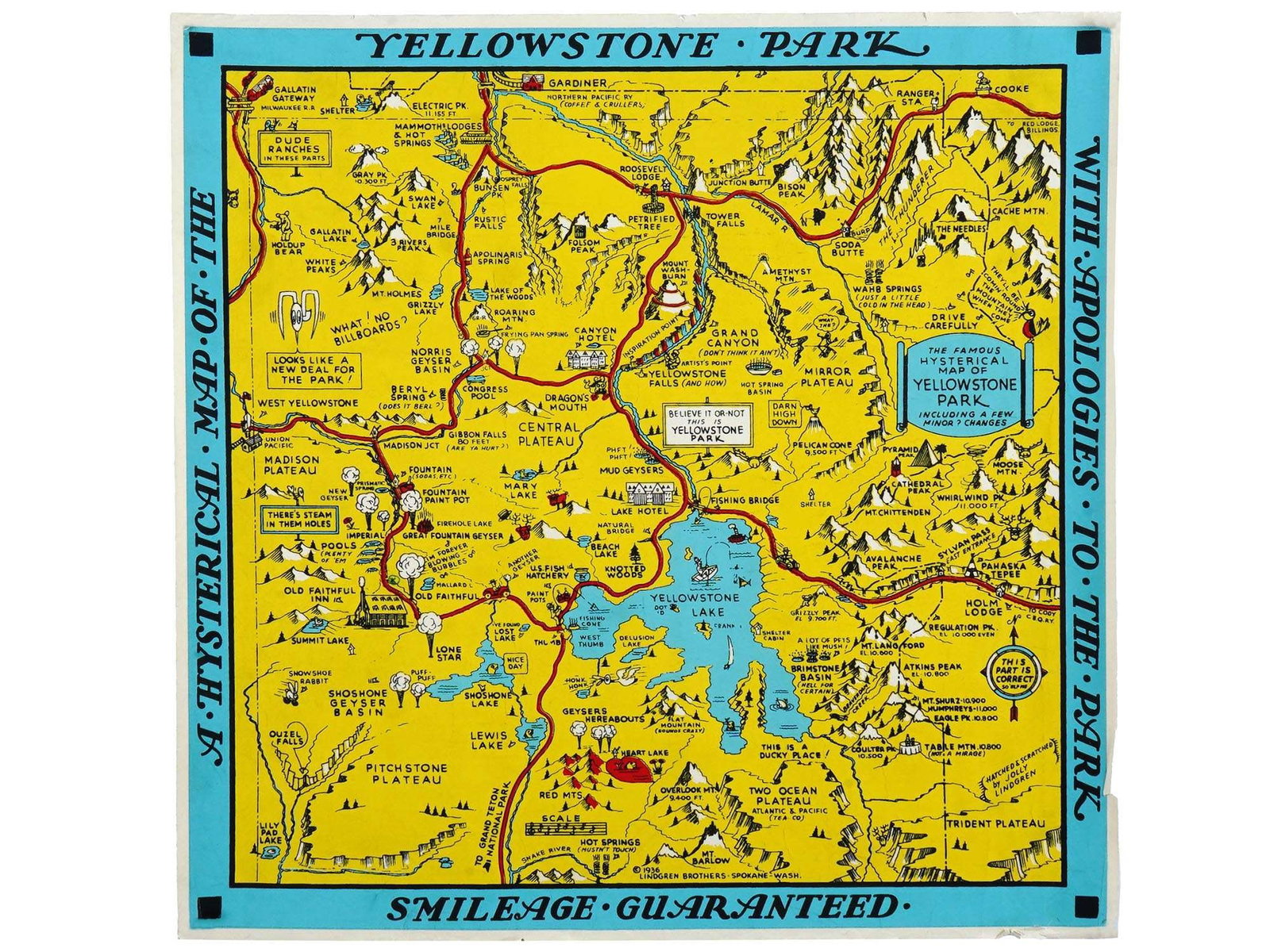 VINTAGE AMERICAN POSTER HYSTERICAL MAP YELLOWSTONE PARK: A vintage American poster titled A Hysterical Map of Yellowstone Park. This artistic map showcases Yellowstone National Park in an exaggerated manner, often highlighting key landmarks, natural
