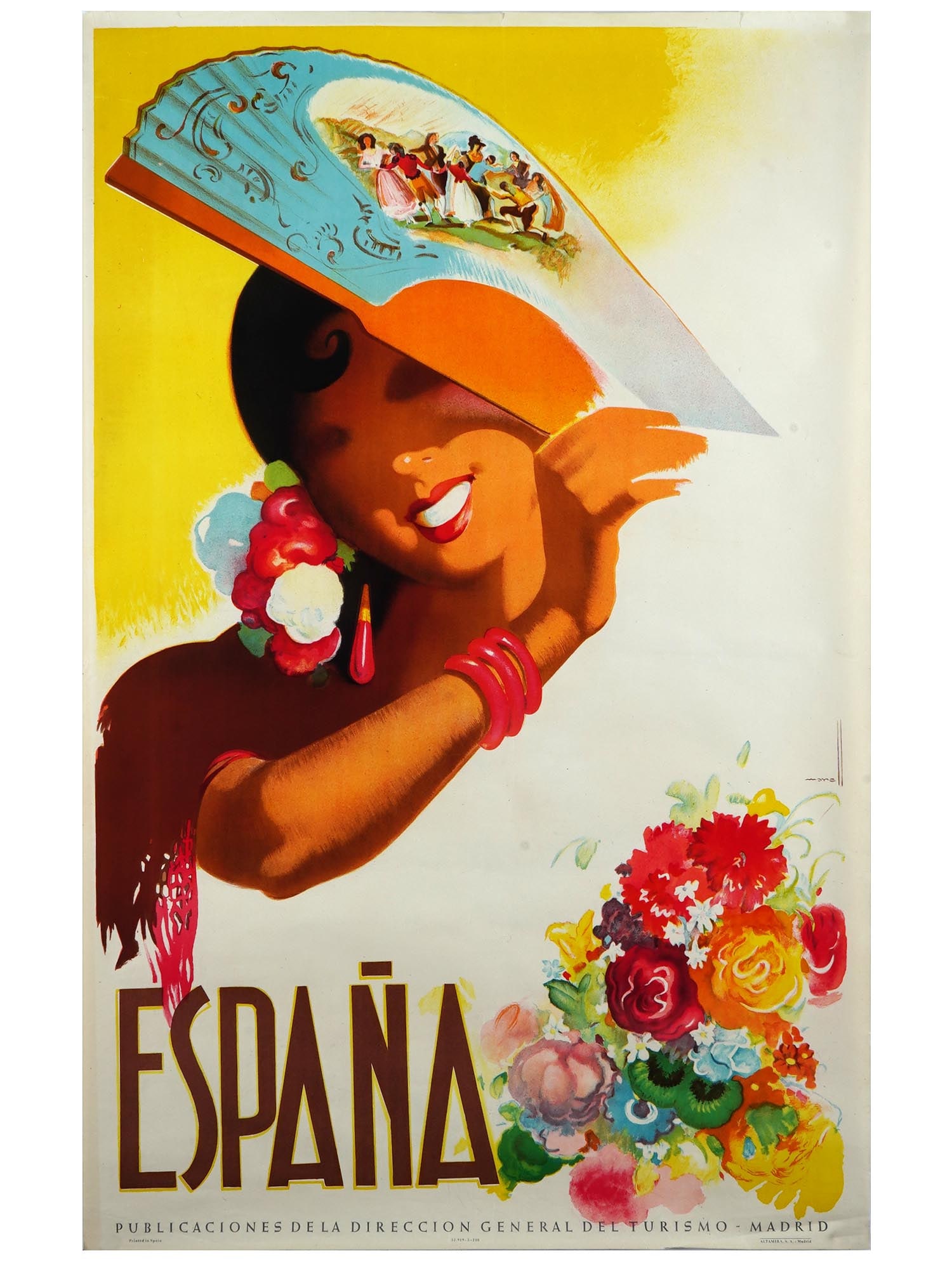 VINTAGE SPANISH TRAVEL POSTER WOMAN WITH A FAN: A vintage Spanish travel poster, promoting tourism to Spain. Features a female in traditional Spanish attire, with a fan. Published by the General Direction of Tourism in Madrid, circa 1940. Vintage