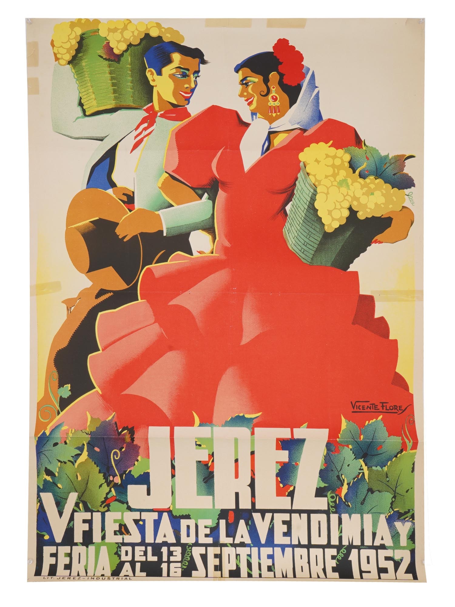 VINTAGE SPANISH FESTIVAL POSTER JEREZ DE LA FRONTERA: A vintage Spanish travel poster from 1952, designed by Vicente Flores, advertising the Spanish Festival held in Jerez de la Frontera, Spain. The poster features vibrant, traditional imagery of a