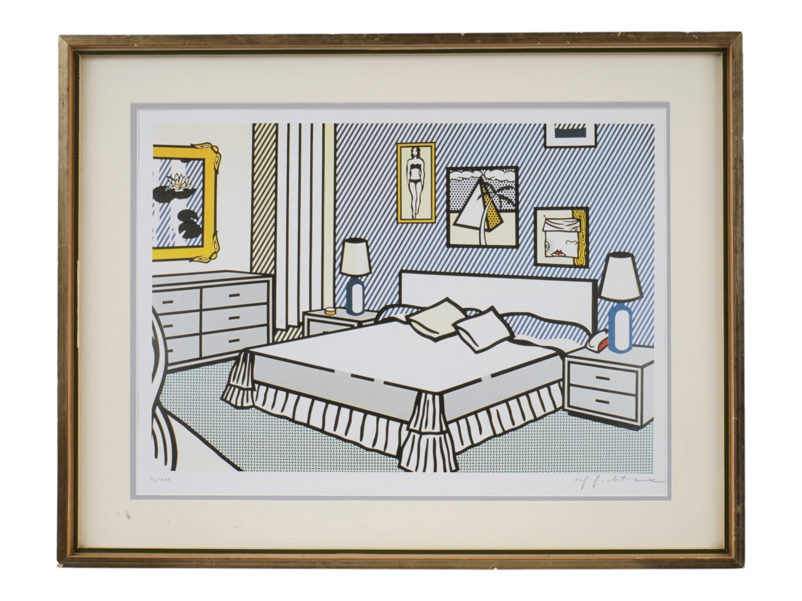 LITHOGRAPH SIGNED ROY LICHTENSTEIN INTERIOR WATERLILIES: Roy Lichtenstein, American, 1923 to 1997, a color lithograph print on paper after the painting titled Interior with Waterlilies, 1991. The composition depicts a stylized modern bedroom rendered in the