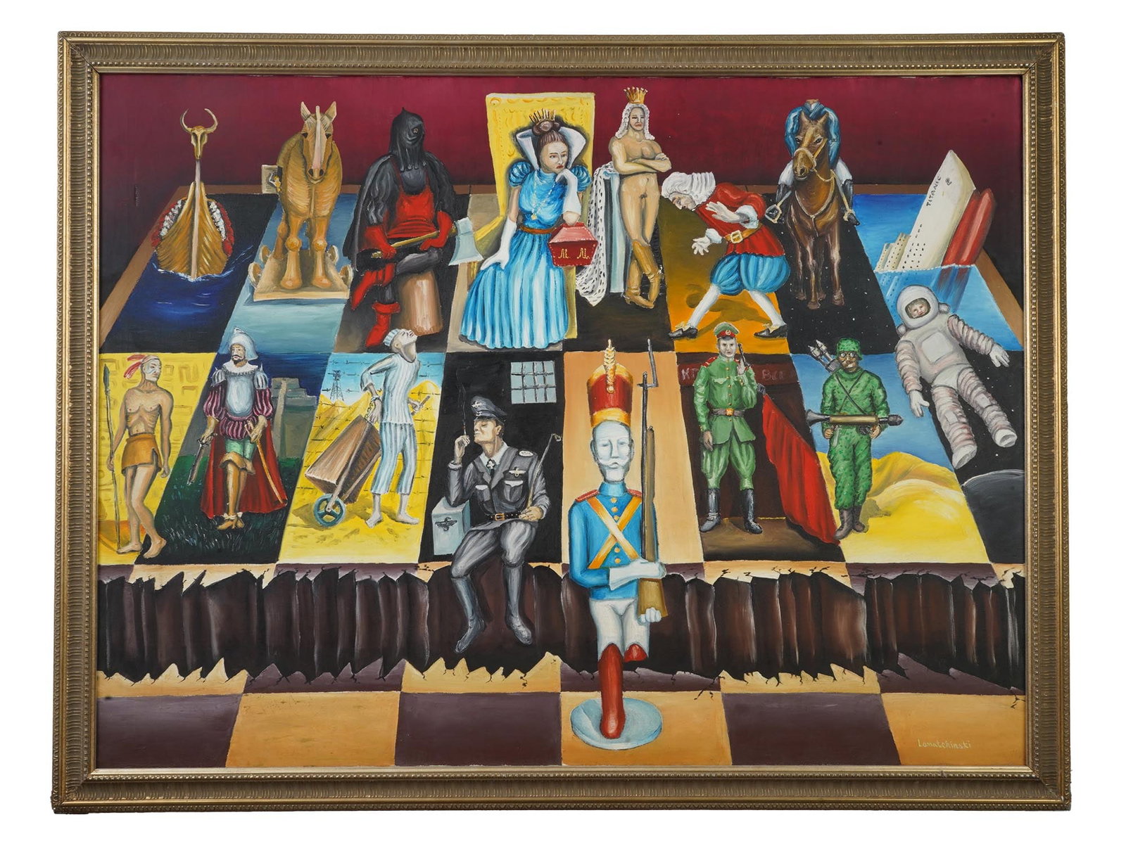 ANDREI LOMATCHINSKI AMERICAN SURREALIST PAINTING: Andrei Lomatchinski, American, born 1965, an oil painting on canvas depicting a surrealist composition. Signed lower right and presented in a frame. Contemporary American Paintings And Art Collectible