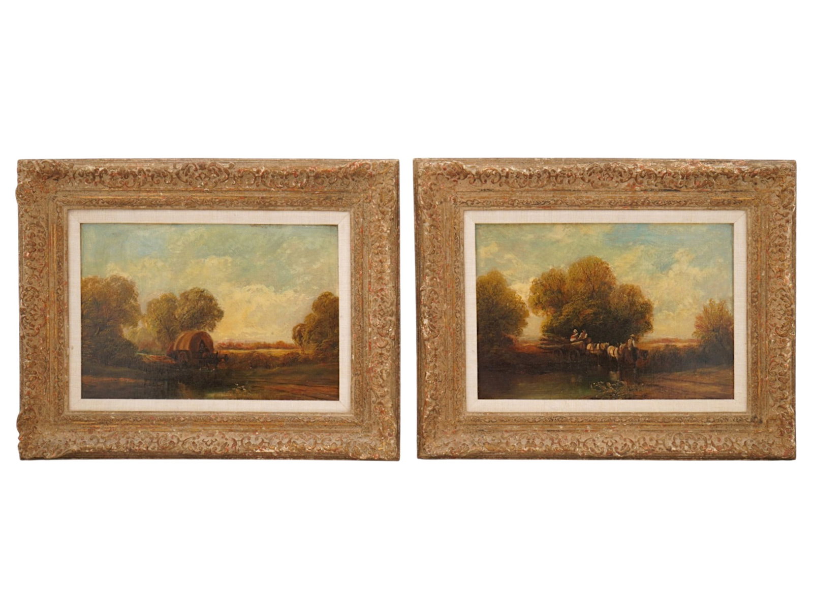 BRITISH LANDSCAPE OIL PAINTINGS SIGNED WILLIAM HARRIS: A pair of oil paintings on board depicting rural genre scenes in a landscape. Each is signed, W. Harris, lower left. Both are framed. Gallery paper labels are on the backside. William Harris, 1856 to 