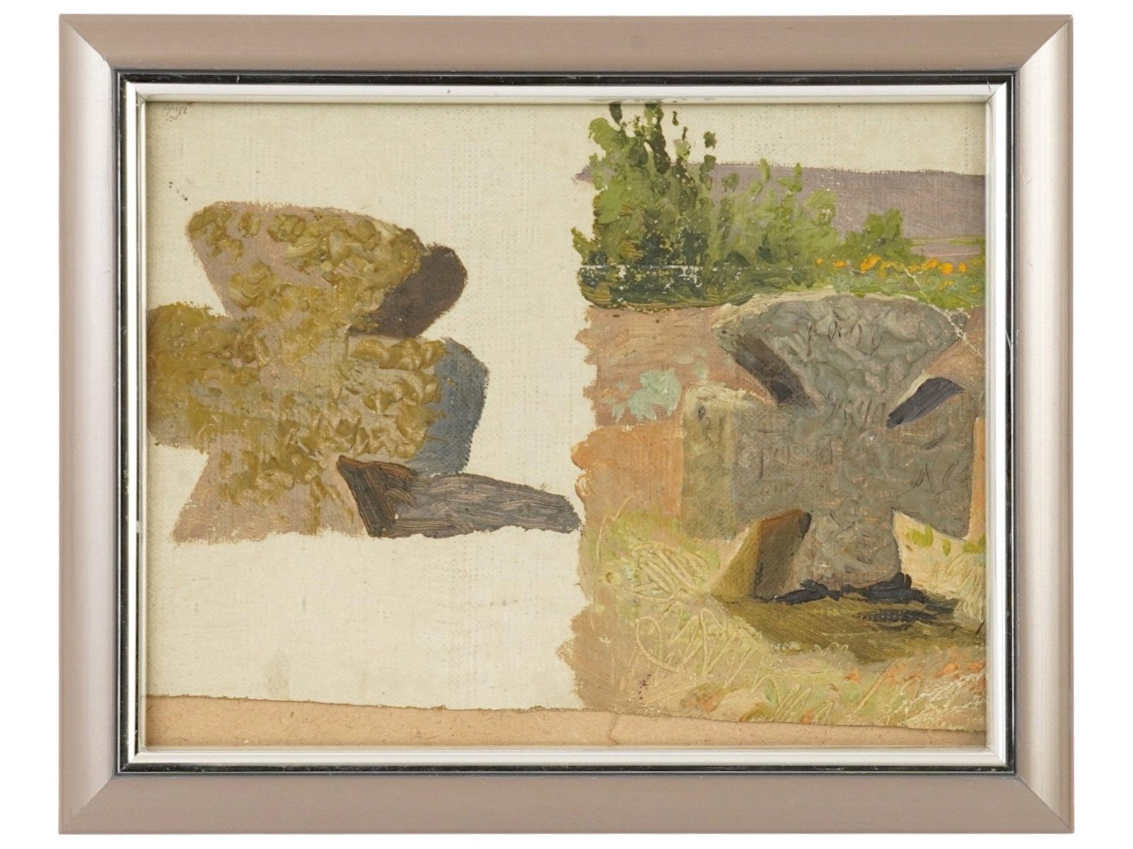 UKRAINIAN CROSS SKETCH OIL PAINTING BY YURI PAVLOVICH: Yuri Y. Pavlovich, Ukrainian, 1872 to 1947, oil sketch painting on canvas mounted on board depicting crosses. Framed. Yuriy Yuryevich Pavlovich was a Ukrainian scientist ethnographer, watercolor paint
