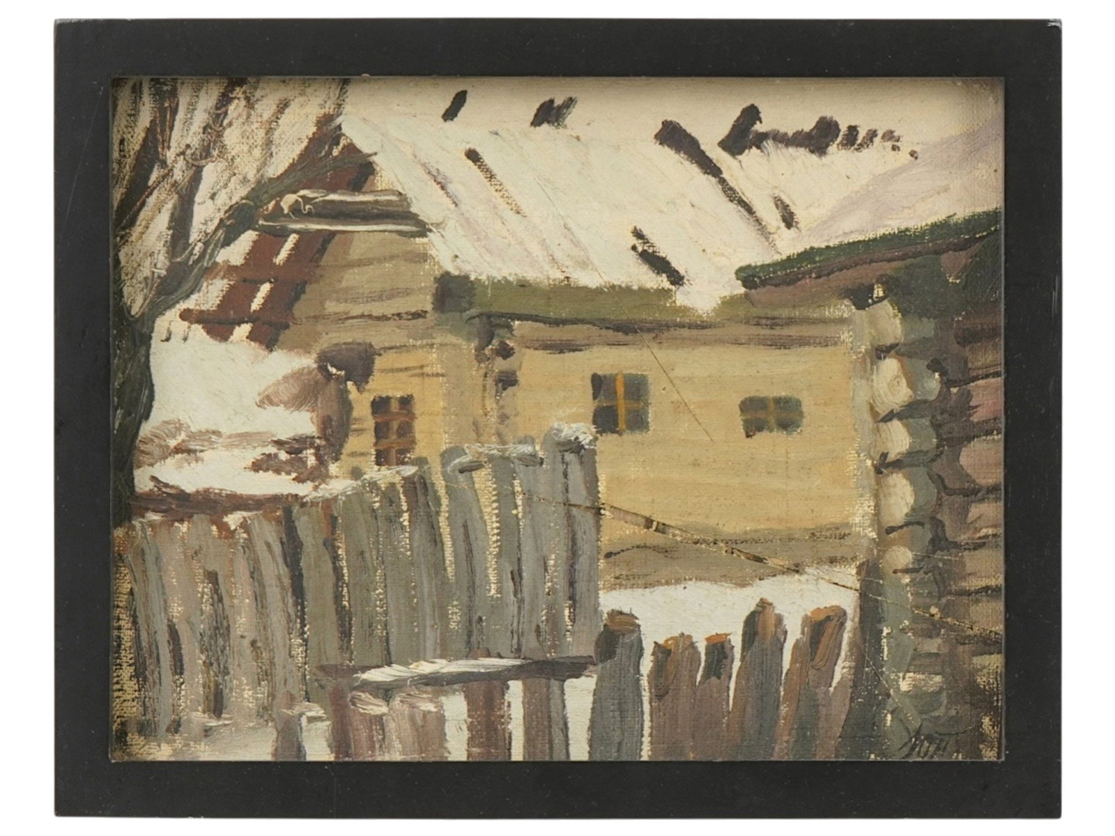 UKRAINIAN RURAL OIL PAINTING BY YURI PAVLOVICH: Yuri Y. Pavlovich, Ukrainian, 1872 to 1947, oil painting on canvas mounted on board depicting a rural house view. Signed with initials, lower right. Framed. Yuriy Yuryevich Pavlovich was a Ukrainian s