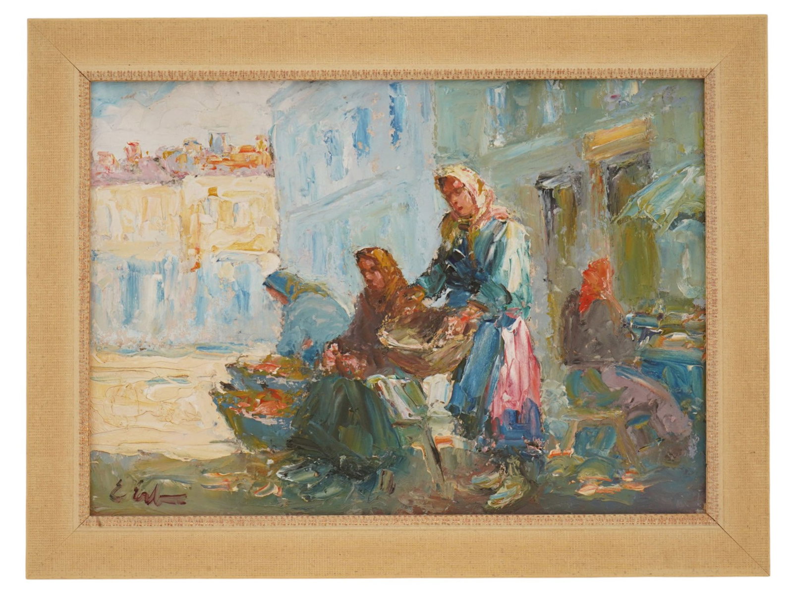 ERNO ERB POLISH GENRE SCENE OIL PAINTING: Erno Erb, Polish, 1878 to 1943, oil painting on canvas. Genre scene depicting women at a town market. Titled Merchants in the Jewish Quarters of Lviv II. Signed lower left. Undated. Framed. This artwo