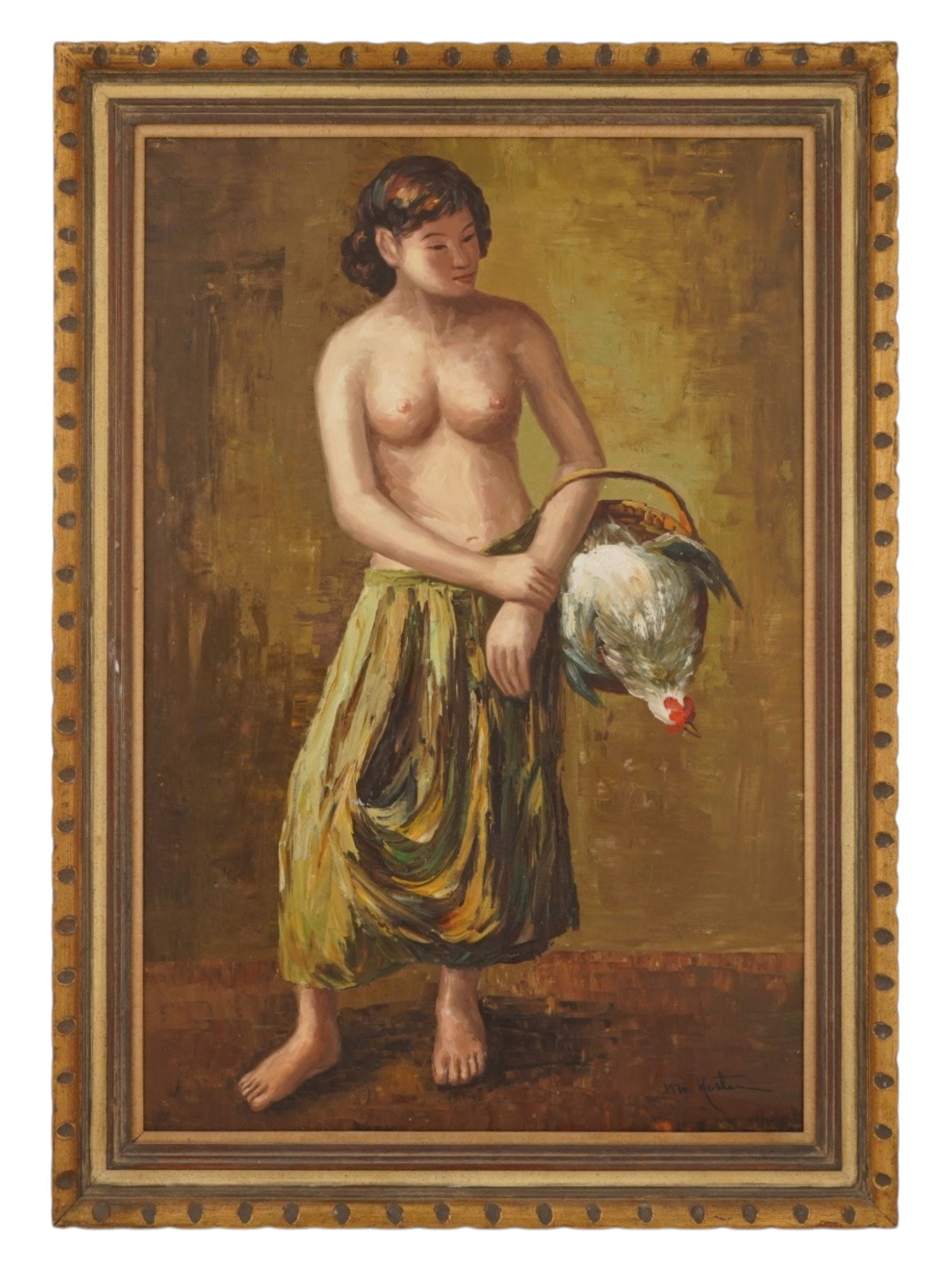 VTG MID 20TH C JAPANESE OIL PAINTING BY WARO WAKAO: A large vintage, mid 20th century Japanese oil on canvas painting by Waro Wakao. The painting depicts a standing semi-nude female figure in a three-quarter pose with a basket with chicken in her hands