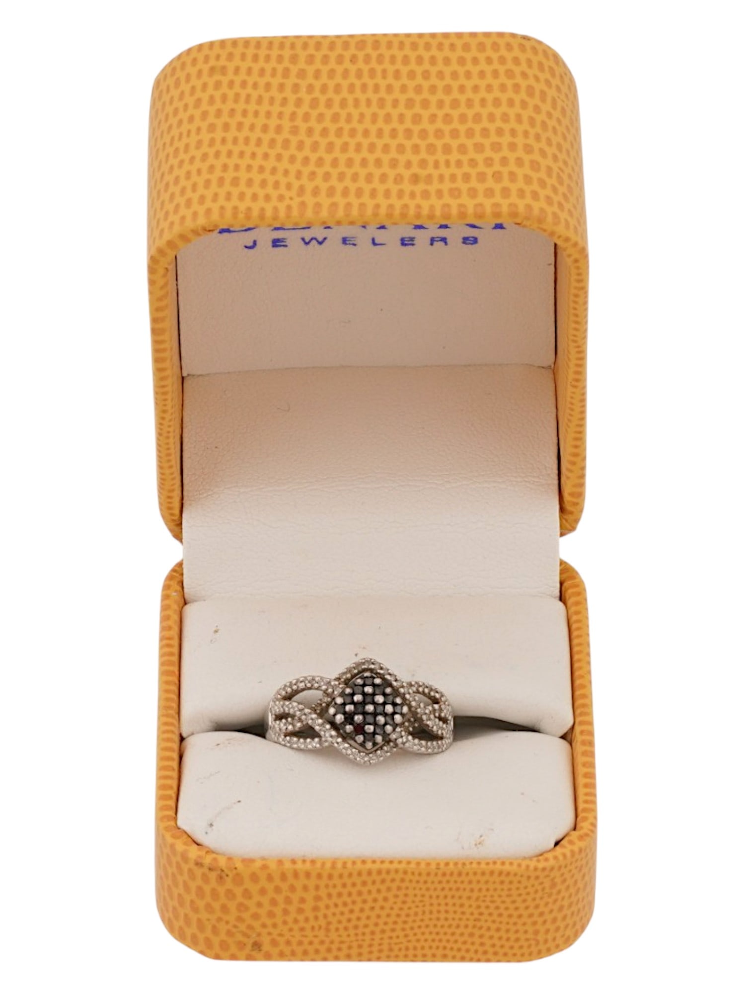 ST SILVER RING W BLACK AND WHITE NATURAL DIAMONDS IOB: A vintage sterling silver ring with natural diamonds. The ring features an openwork braided design and is richly encrusted with white and black natural diamonds, set using the pave technique. Marked