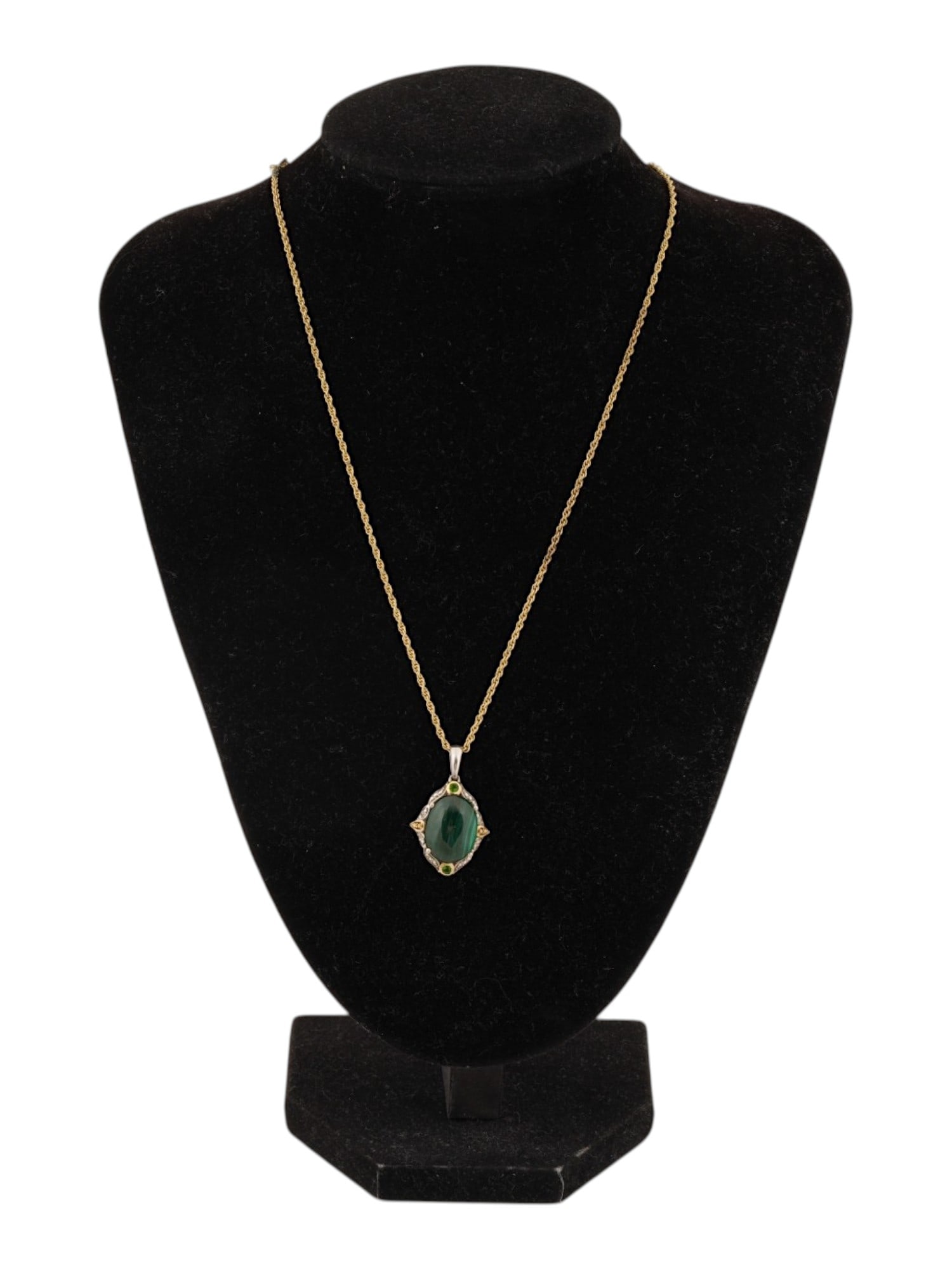 SILVER NECKLACE W MALACHITE PENDANT EMERALDS DIAMONDS: A vintage sterling silver necklace with malachite pendant, emeralds and natural diamonds. The necklace consists of a gilt silver twisted chain and a large oval malachite pendant in silver mounting enc