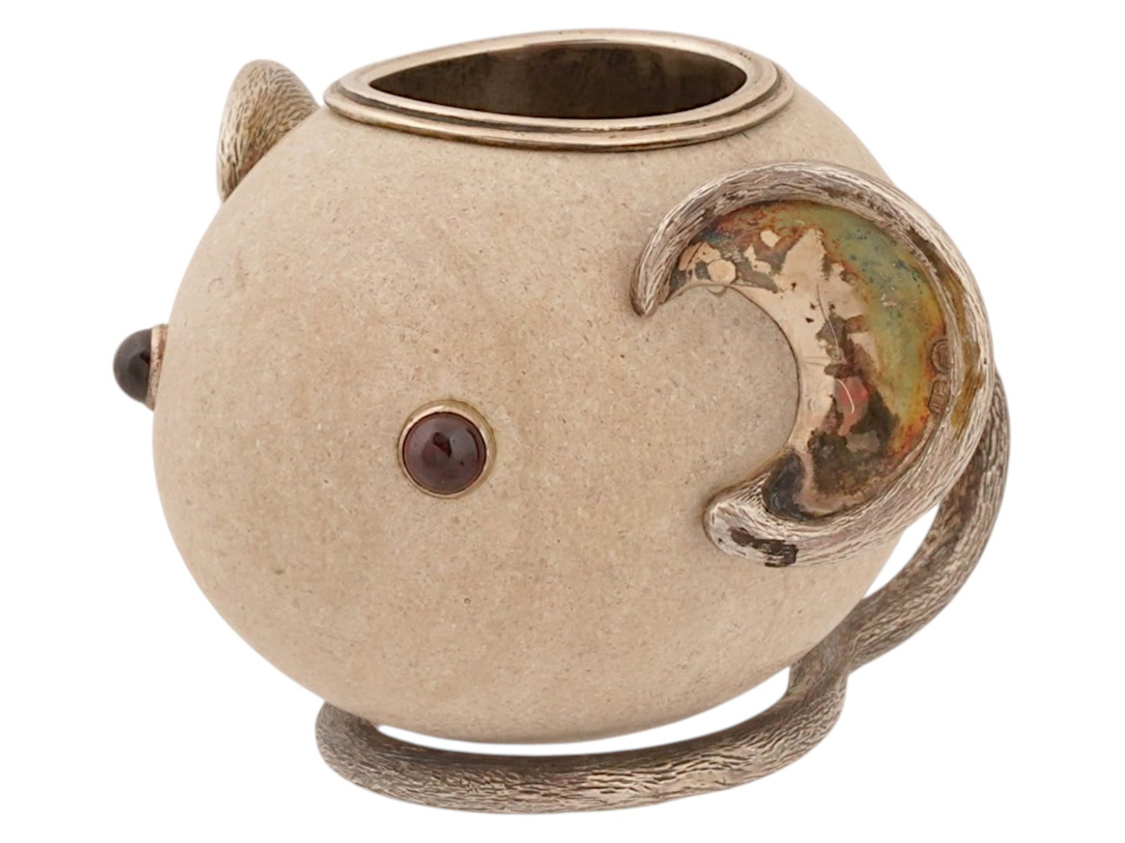 RUSSIAN SILVER HARDSTONE MOUSE MATCH HOLDER W GEMSTONES: A Russian silver carved hardstone match holder. Globe body with silver mounts of mouse ears and tail. Gemstone cabochon eyes. With interior well. Hallmarked with the 84 Russian silver standard and mak
