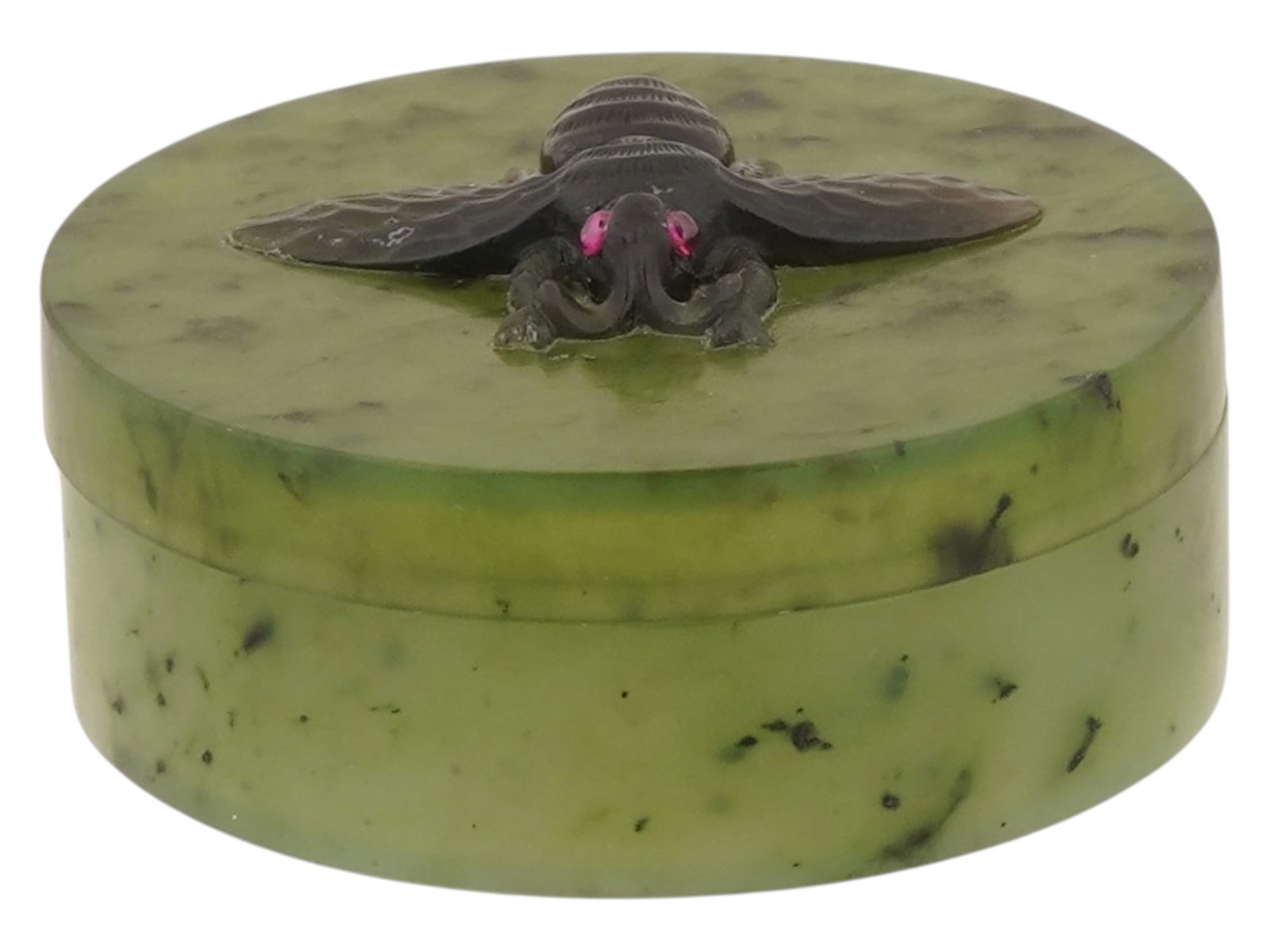 RUSSIAN CARVED NEPHRITE JADE FLY BOX WITH RUBY - 2