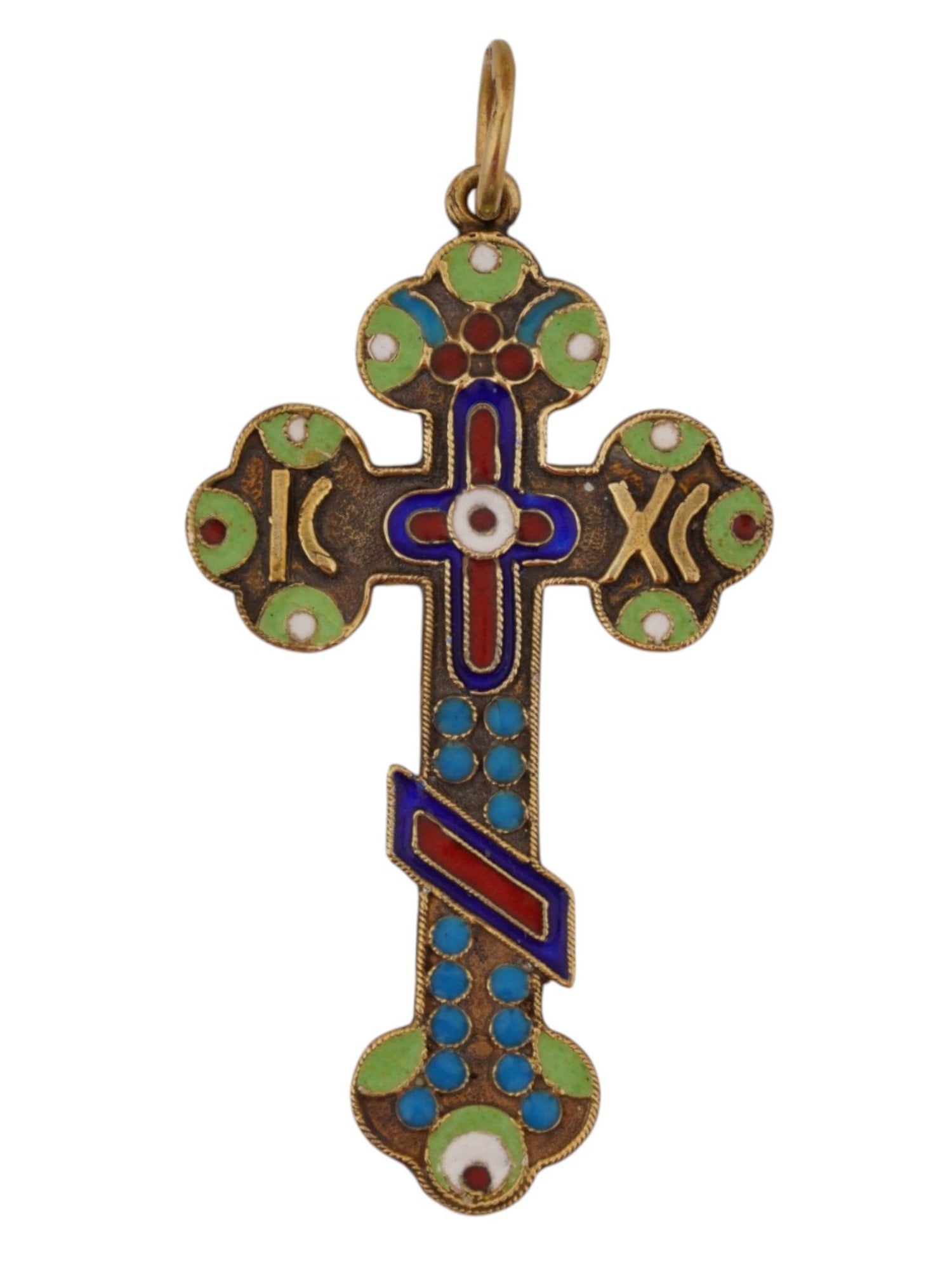 RUSSIAN GILT SILVER CLOISONNE ENAMEL CROSS PENDANT: A Russian gilt silver Orthodox cross pendant. The piece is garnished with polychrome cloisonne enamel decor. Hallmark of 84 silver standard and makers mark are on the backside. Total weight: 9.6
