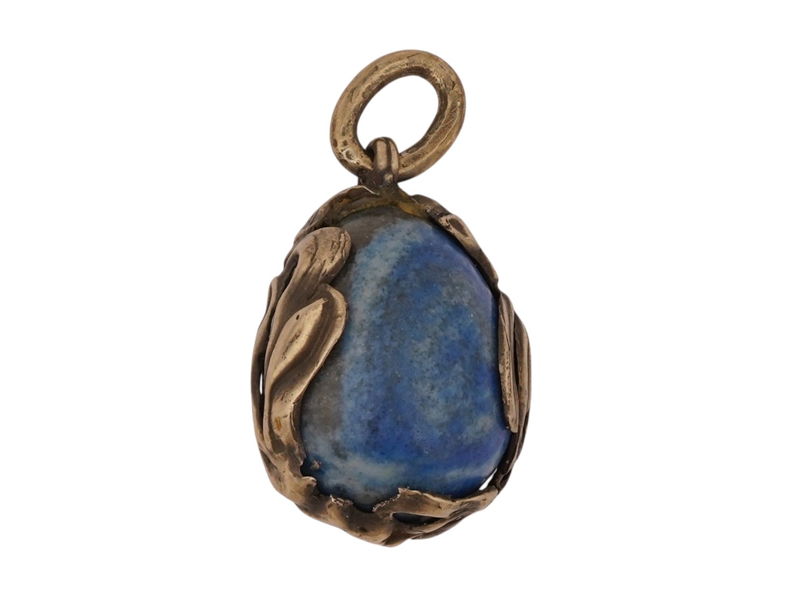 RUSSIAN SILVER CARVED LAPIS LAZULI EASTER EGG PENDANT: A Russian 84 gilt silver Easter Egg pendant. The egg is made from a hand carved Lapis Lazuli stone and adorned with a relief gilt silver case made in floral and foliage designs. Marked with a Silver s