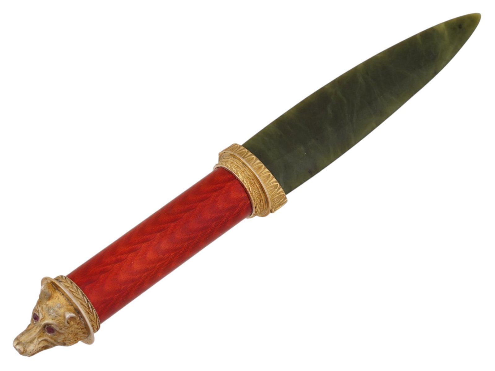 RUSSIAN SILVER ENAMEL JADE RUBY LETTER OPENER WOLF HEAD: A Russian 88 gilt Silver letter opener knife. The blade of the knife is made of hand carved Nephrite Jade. The handle of the knife is covered with a red Guilloche enamel. A figural finial made in the 