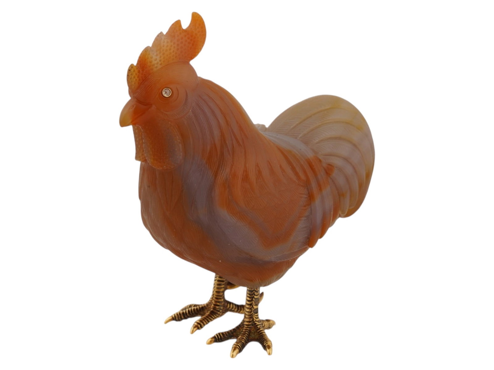 RUSSIAN CARVED AGATE SILVER DIAMONDS ROOSTER FIGURE: A Russian naturalistically hand-carved agate figurine. The figurine is made in the shape of a rooster with gilt silver feet. The figurine is encrusted with diamond eyes in gold settings and adorned