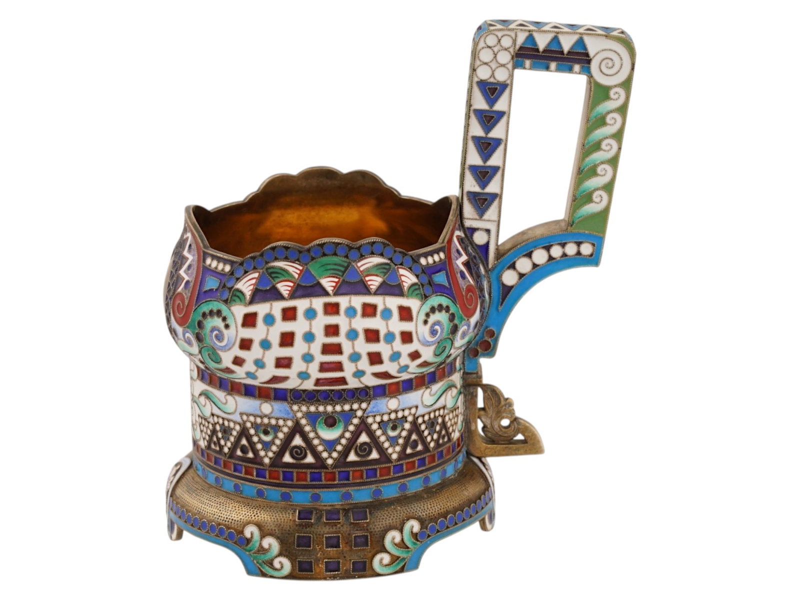 LARGE RUSSIAN GILT SILVER AND ENAMEL TEA GLASS HOLDER: A large Russian gilt silver and enamel tea glass holder with convex upper part of the body and on circular convex base with four bracket feet. The glass holder is made in the shape of a traditional Ru