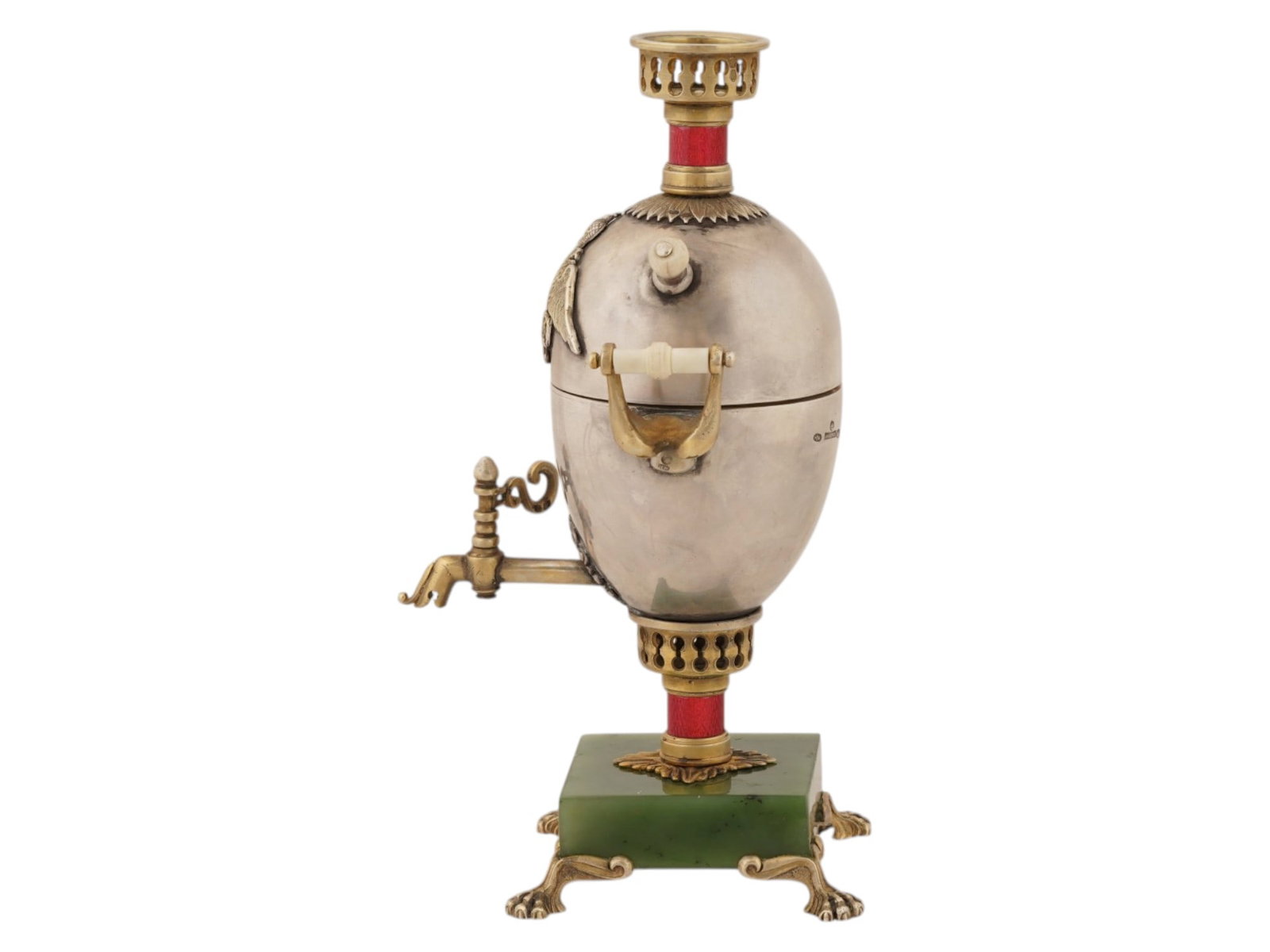 RUSSIAN SILVER ENAMEL SAMOVAR EASTER EGG ON JADE BASE - 2
