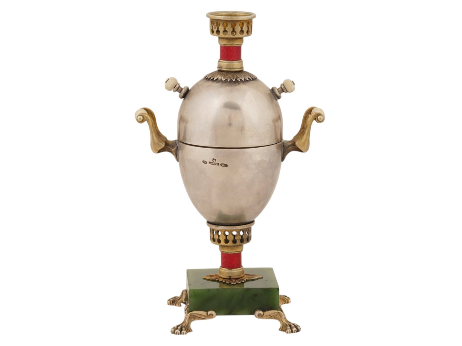 RUSSIAN SILVER ENAMEL SAMOVAR EASTER EGG ON JADE BASE - 3