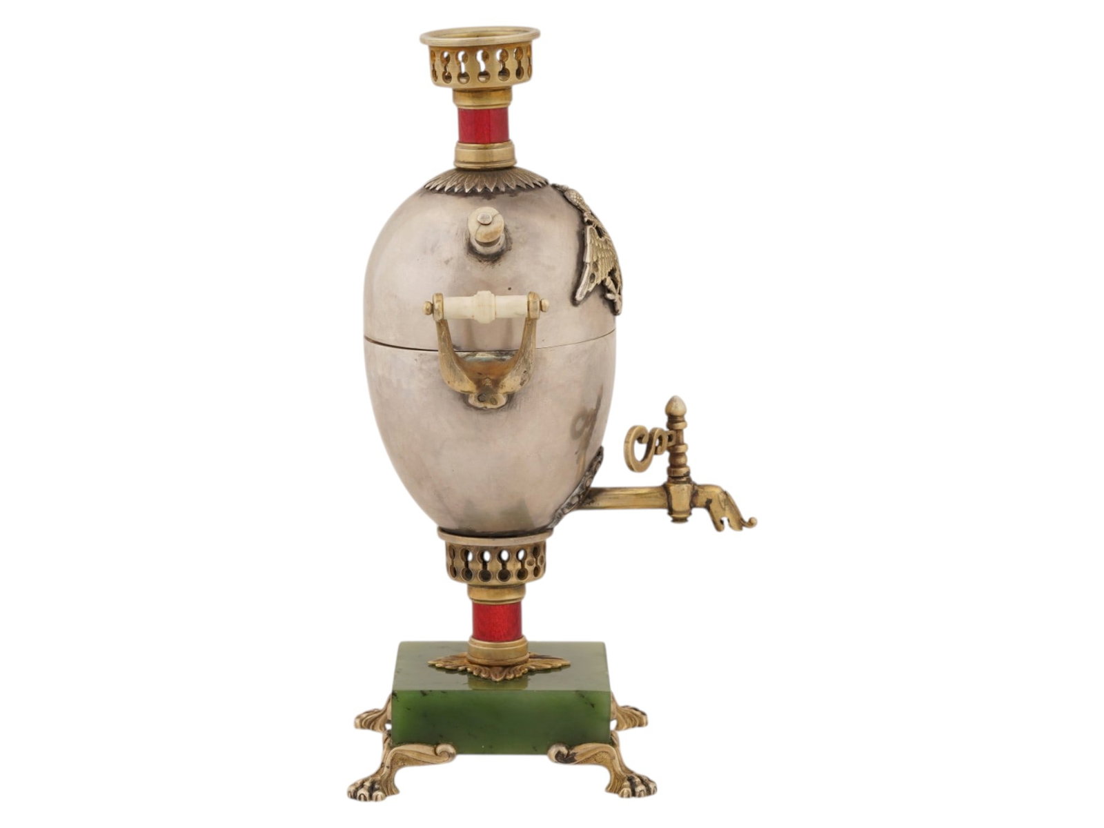 RUSSIAN SILVER ENAMEL SAMOVAR EASTER EGG ON JADE BASE - 4