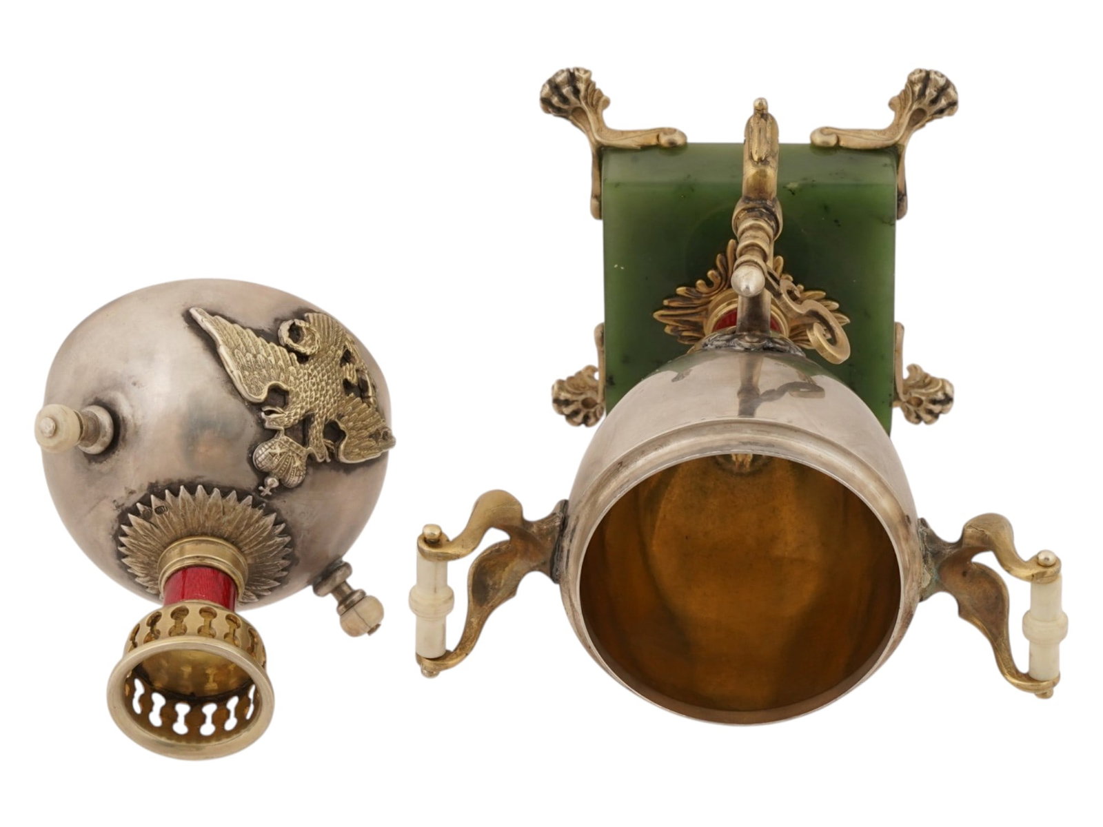 RUSSIAN SILVER ENAMEL SAMOVAR EASTER EGG ON JADE BASE - 5